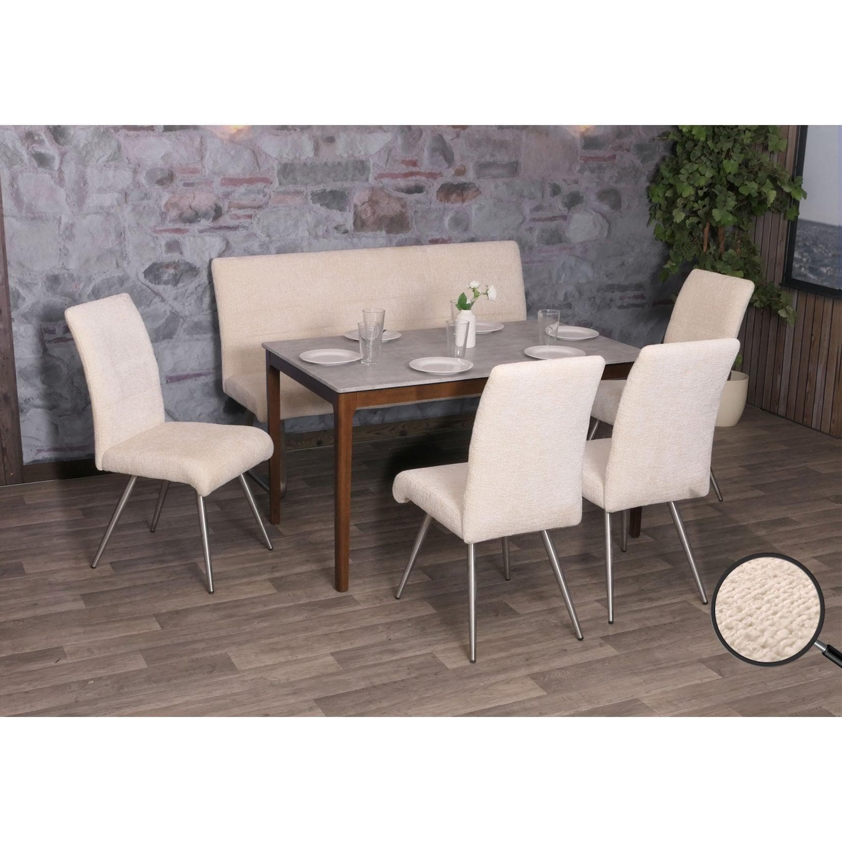 MCW Esszimmer-Set 5-tlg. Stuhl + Sitzbank Edelstahl Chenille Creme