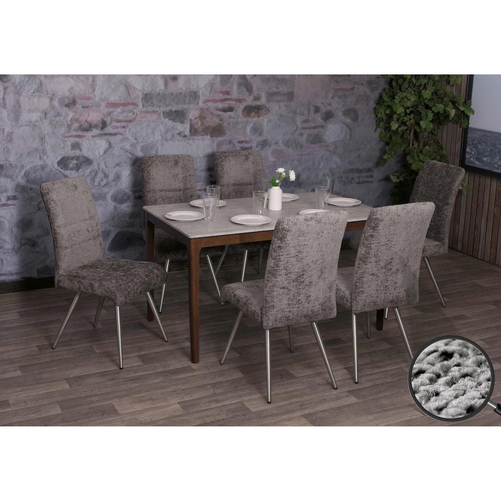 6er-Set Esszimmerstuhl MCW-G55, Küchenstuhl Lehnstuhl, Edelstahl gebürstet Stoff/Textil Chenille Öko-Tex ~ dunkelgrau