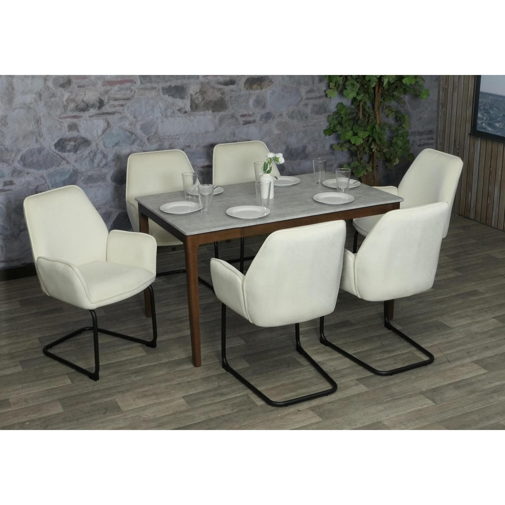 6er-Set Freischwinger MCW-G67 Esszimmerstuhl creme-beige Stoff