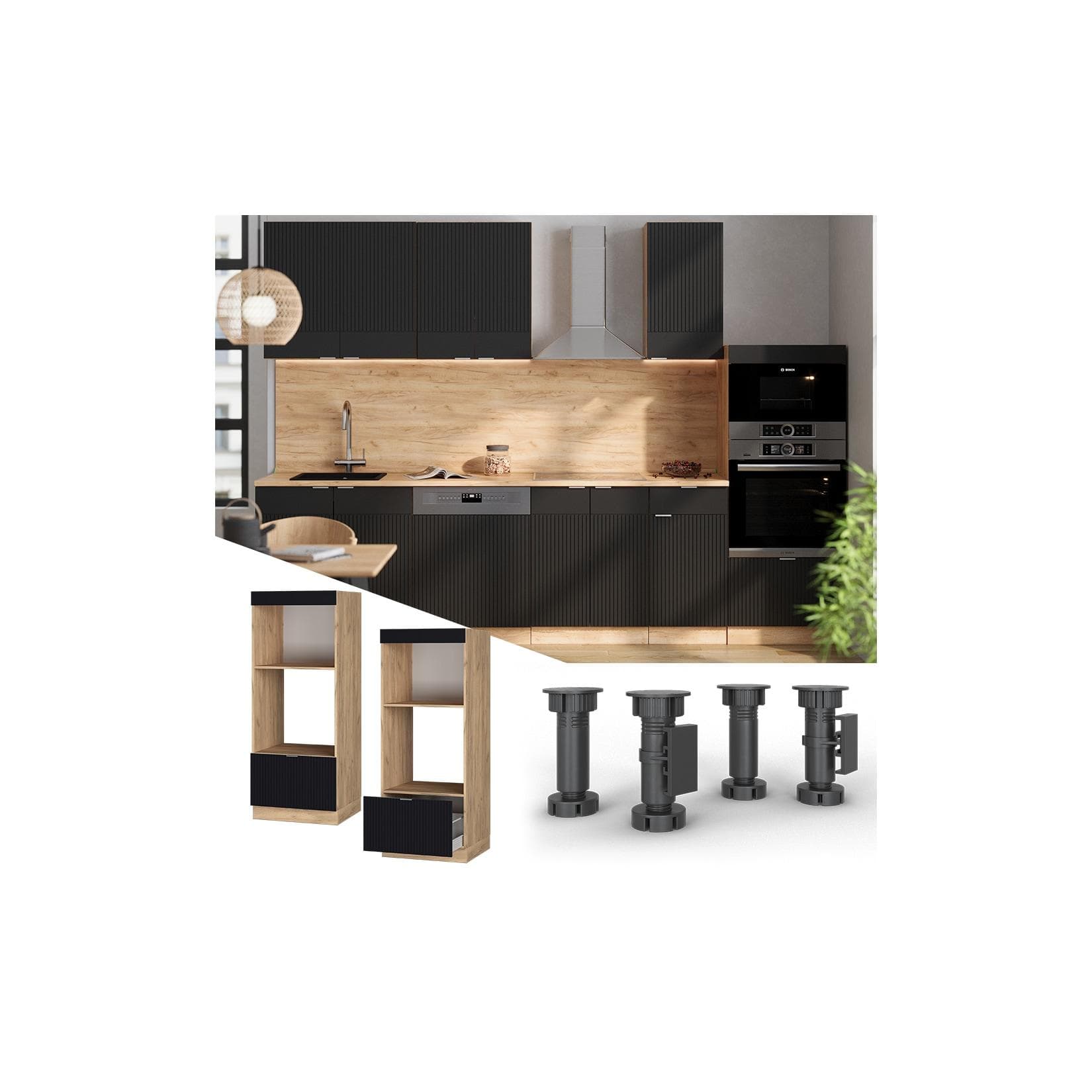 Vicco Mikrowellenschrank Fame-Line Eiche Schwarz 60 cm mit Schublade
