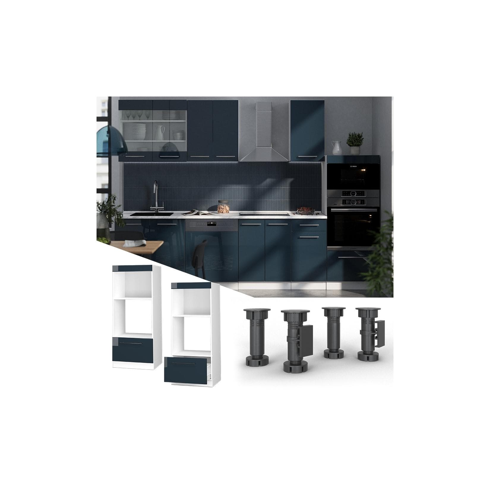 Vicco Mikrowellenschrank Fame-Line Weiß Dunkelblau Hochglanz 60 cm
