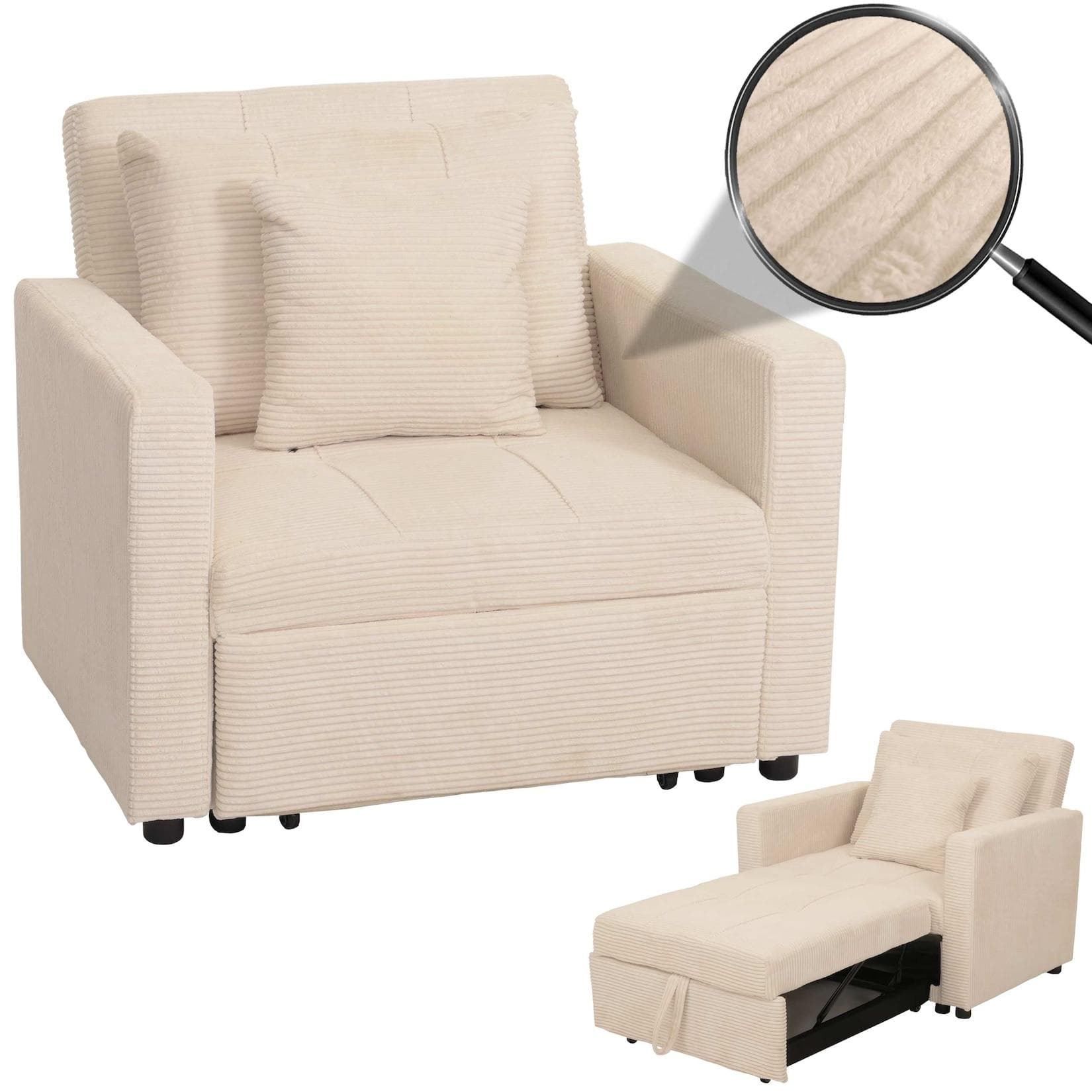 Schlafsessel MCW-L90 Klappsessel Gästebett Creme-Weiß Stoff