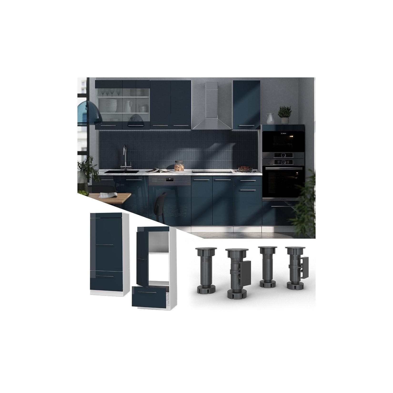 Vicco Mikrowellenschrank Fame-Line Weiß Dunkelblau Hochglanz 60 cm