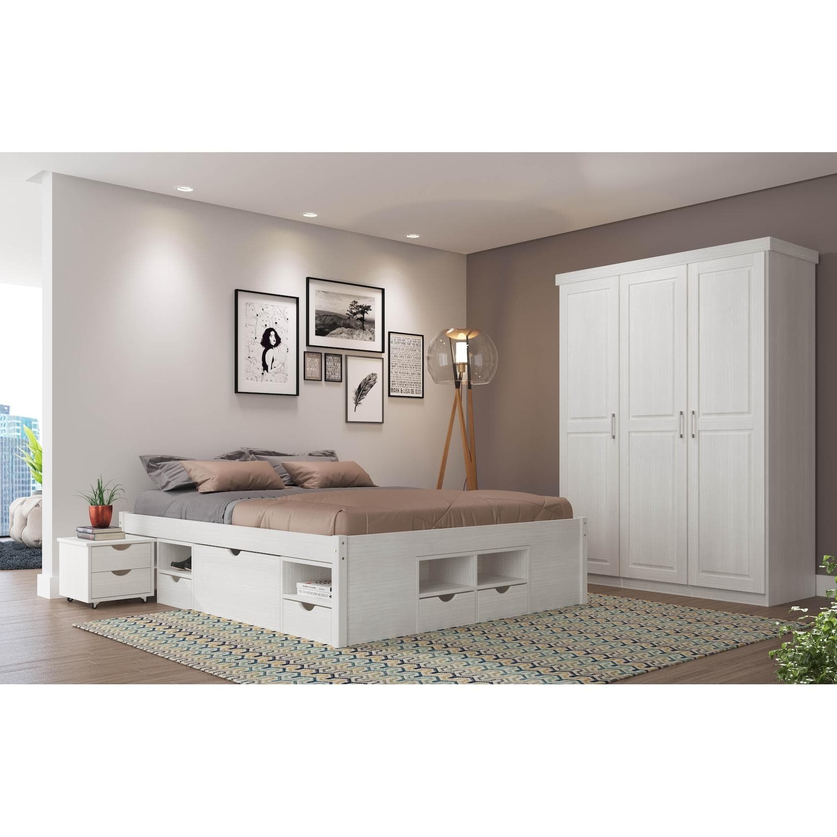 Inter Link Bett mit Stauraum Till inkl. Nachtkommode und Lattenrost 140x190 Weiß