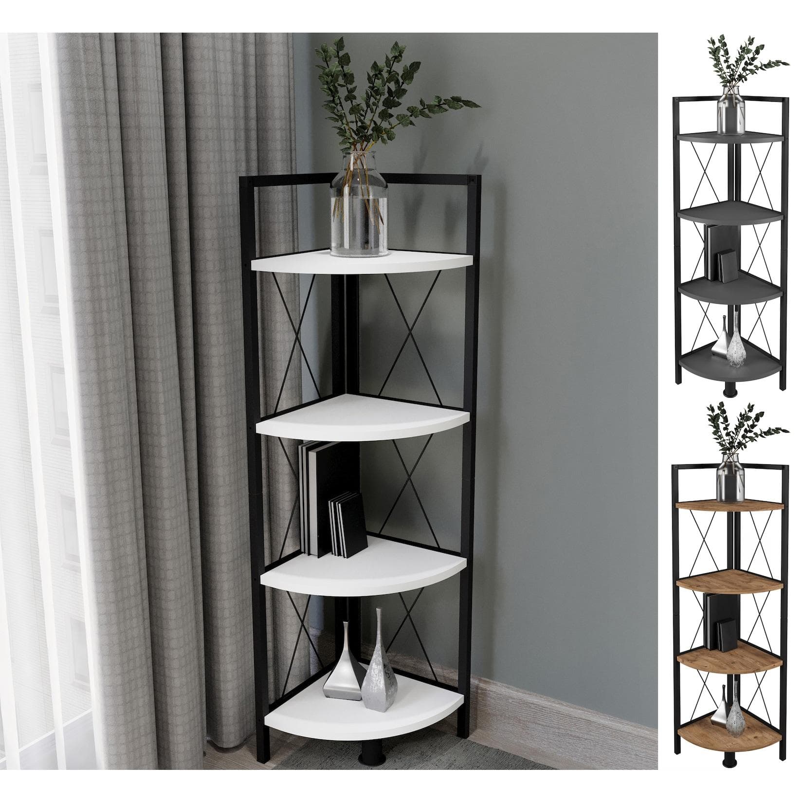 Eckregal aus Holz & Metall - 4-Fach Bücherregal