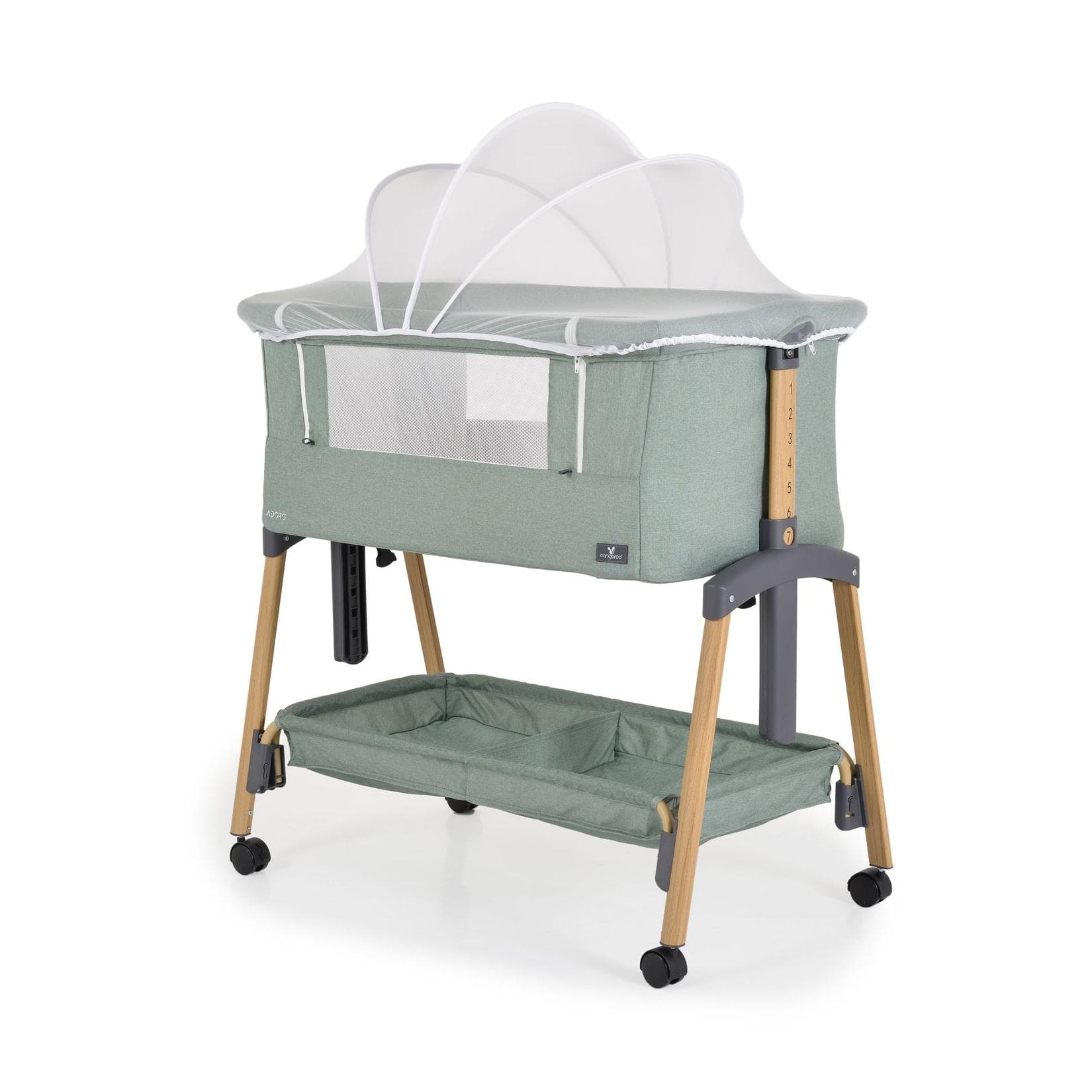 Verstellbares Babybett Adoro mit Matratze, Moskitonetz und Rädern
