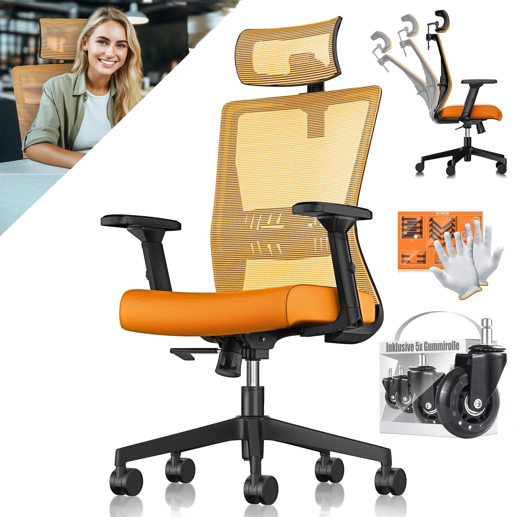 KESSER Bürostuhl mit verstellbaren Armlehnen und Kopfstütze Orange/Schwarz