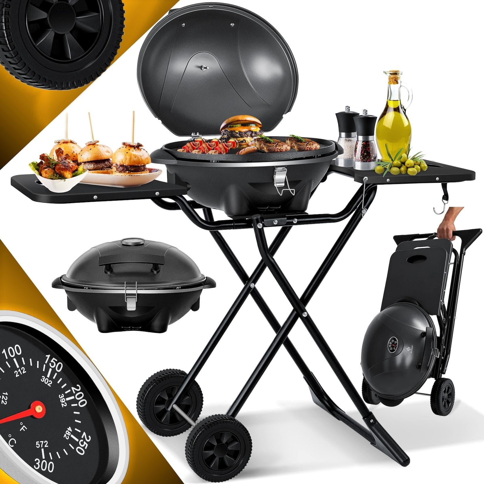 KESSER® Elektrogrill 2in1 Tischgrill - Standgrill mit Deckel und Standfuß max. 2400 Watt Faltbar Thermometer Antihaftbeschichtung Grillplatte