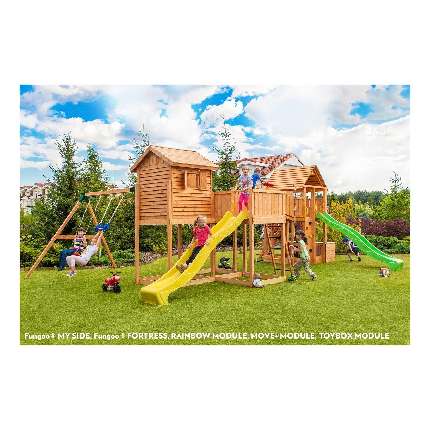 FUNGOO MAXI SET PLAY BOX Spielturm grün gelb mit Rutsche und Schaukel