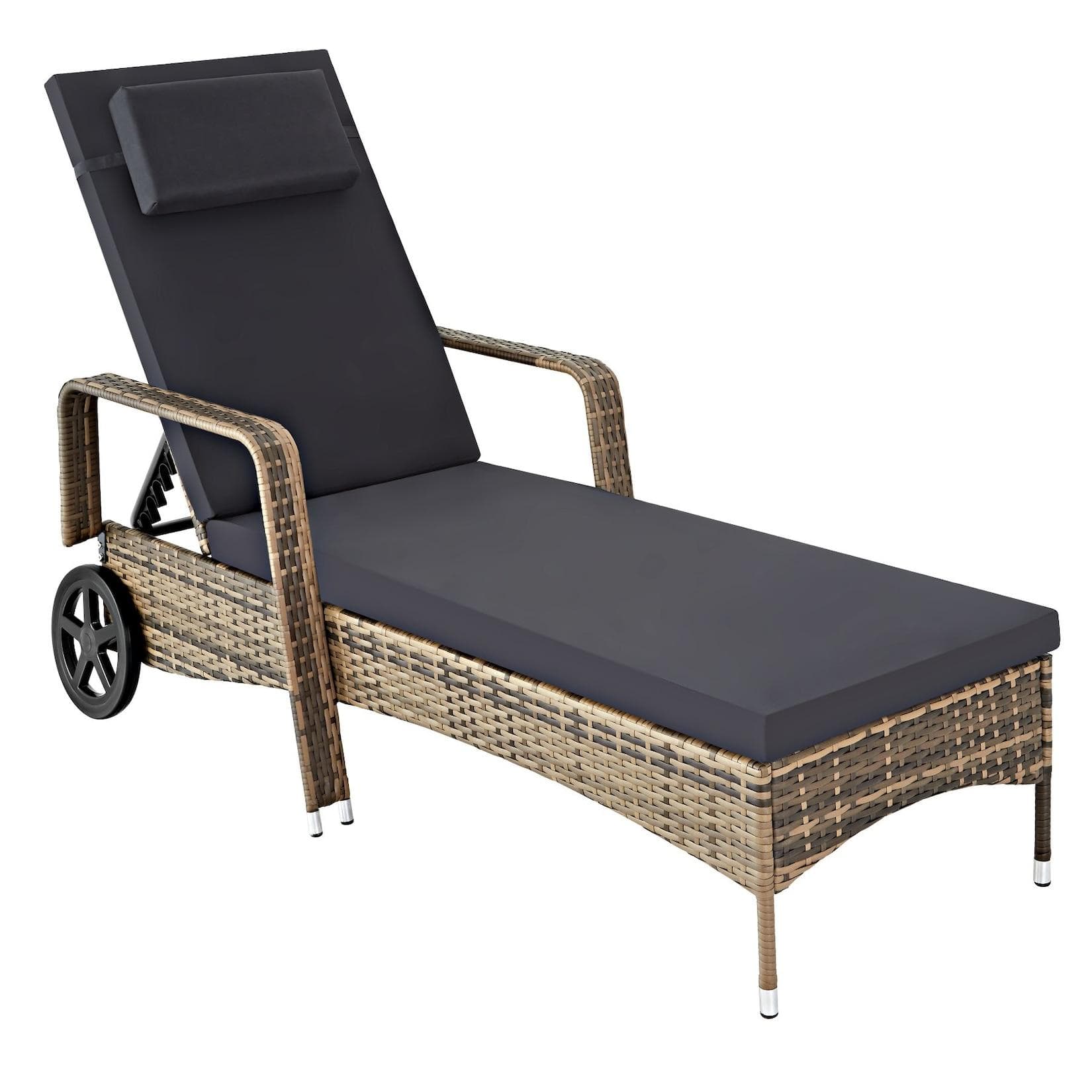 tectake Gartenliege Rattan Caspian mit 6-fach verstellbarer Rückenlehne Grau