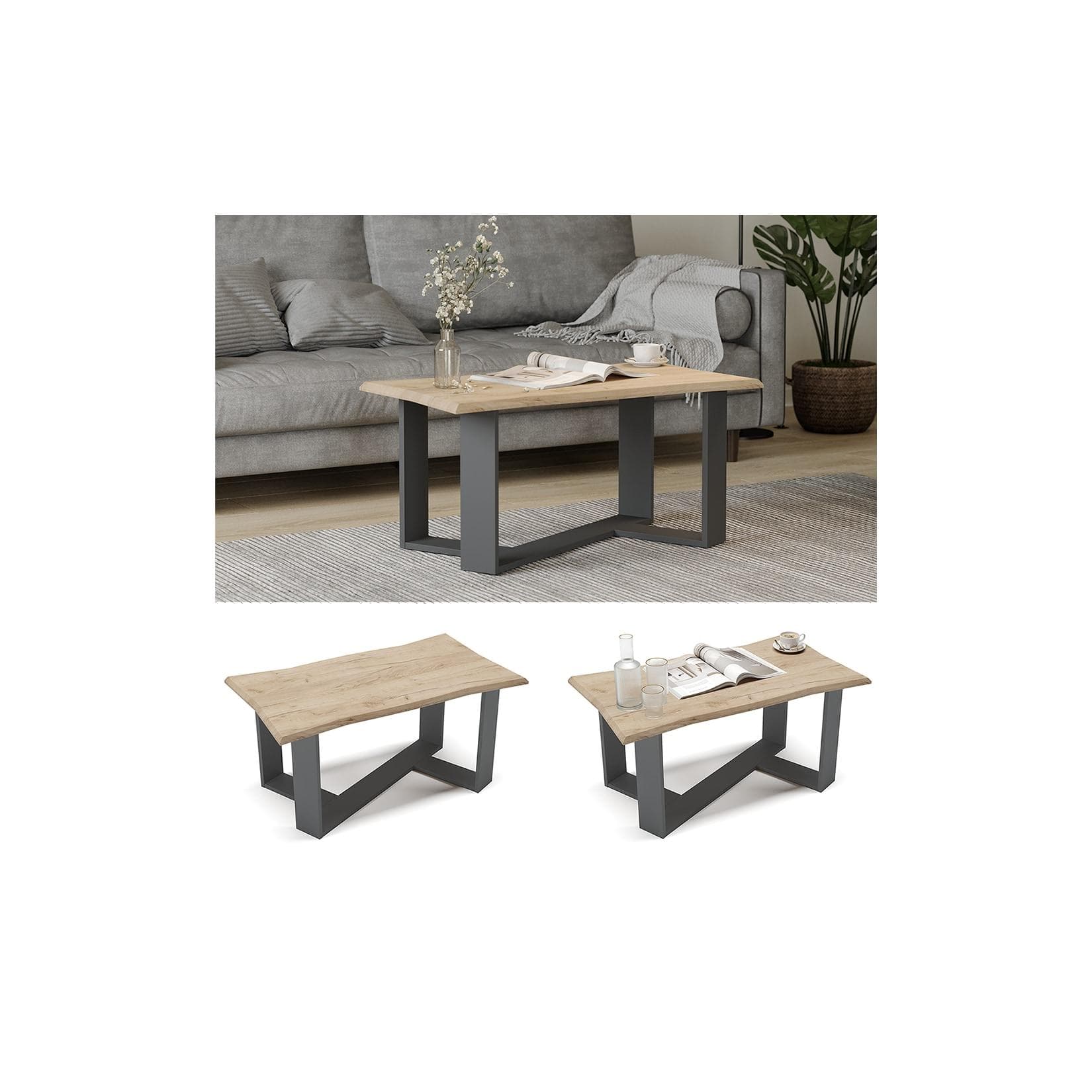 Goldener Couchtisch aus Eiche und Anthrazit