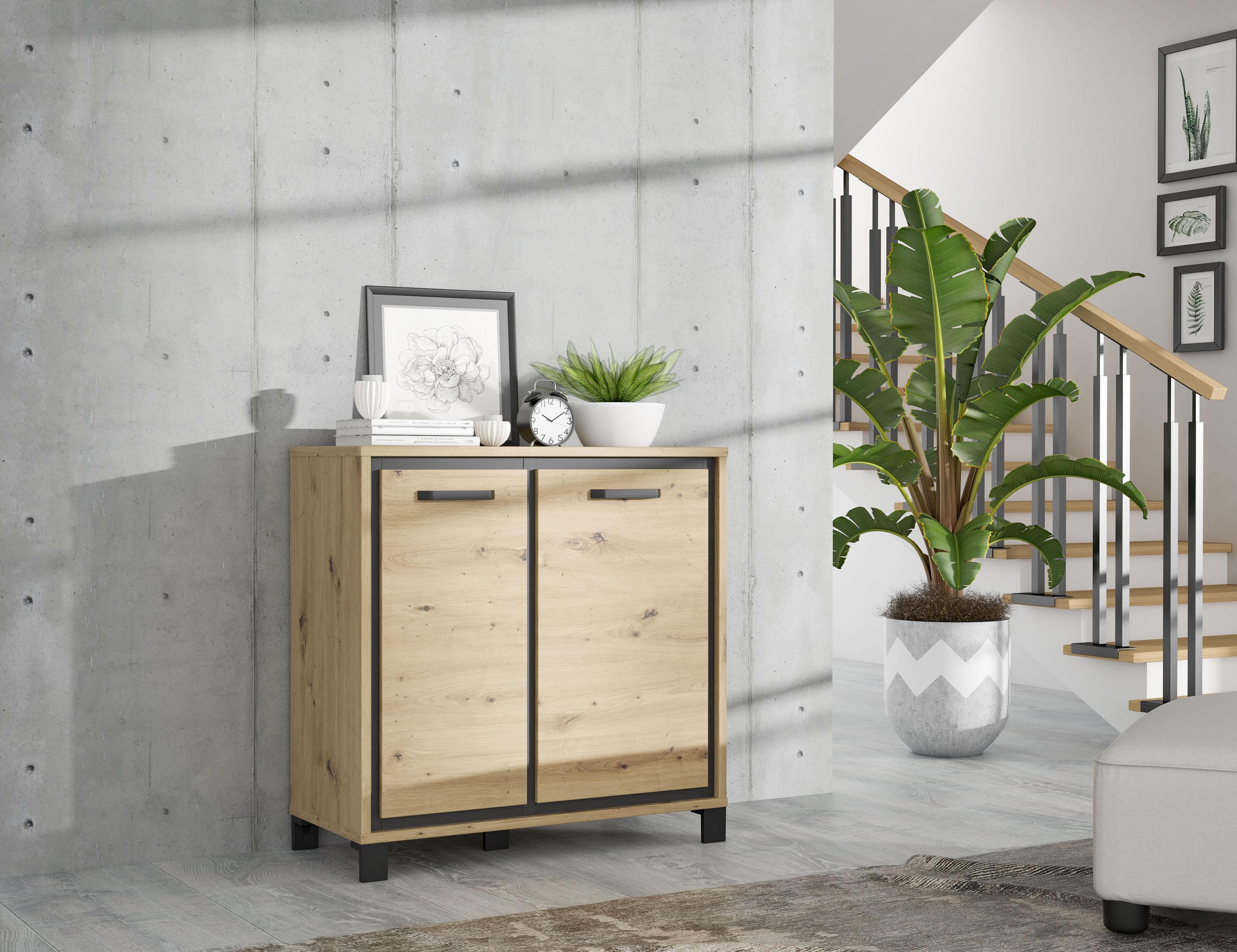 FORTE Kommode Trondheim Schwarz Artisan Eiche mit Türdämpfung