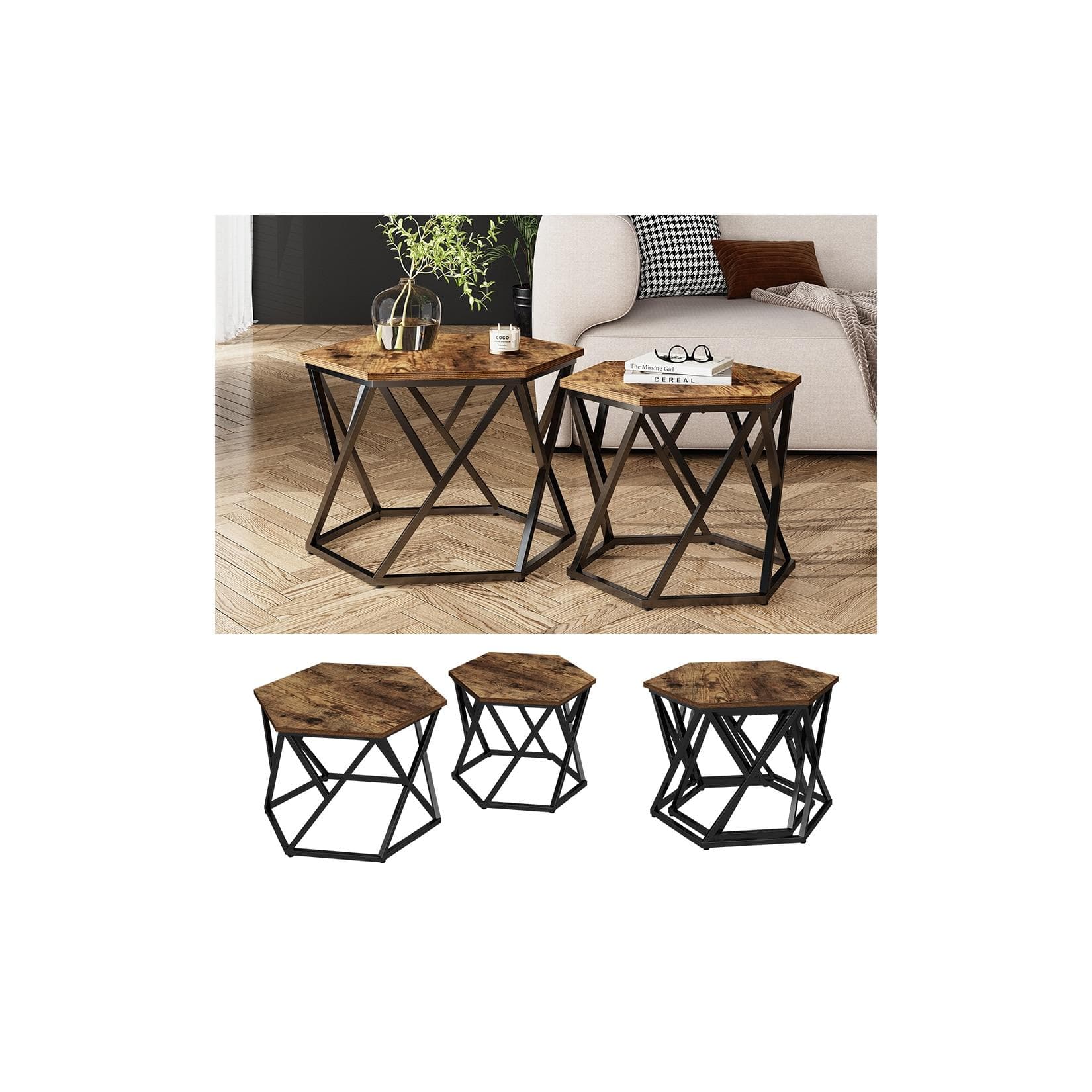 Vicco Couchtisch Fyrk 2er-Set Eiche Rustikal Schwarz Loft-Stil