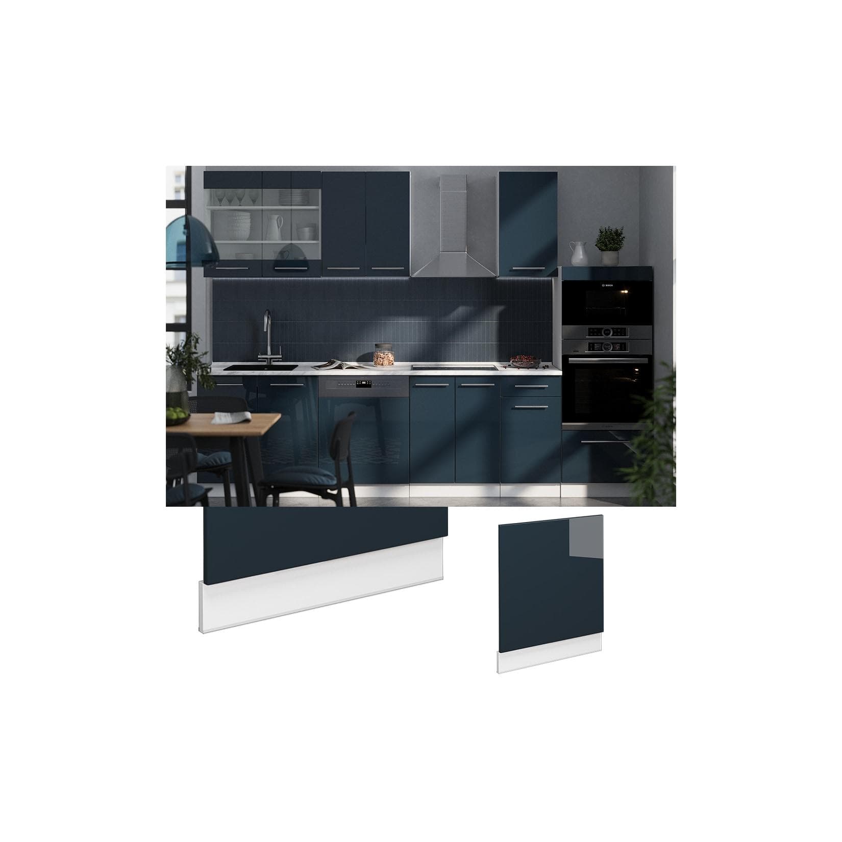 Vicco Fame-Line Frontblende Dunkelblau Hochglanz/Anthrazit mit Marmor Arbeitsplatte