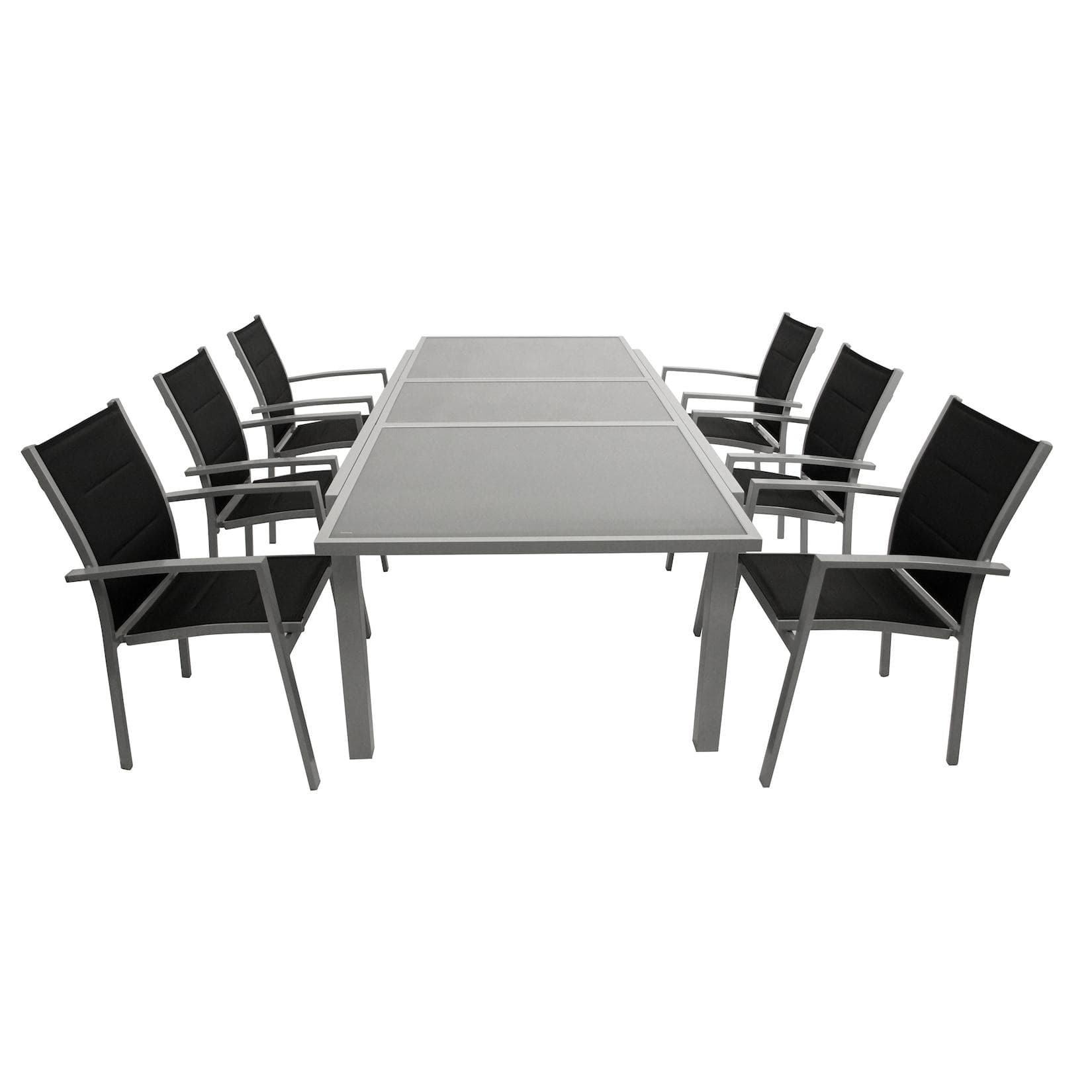 DEGAMO Garnitur PISA 7-teilig Aluminium Silbergrau + Glas + Kunstgewebe Schwarz