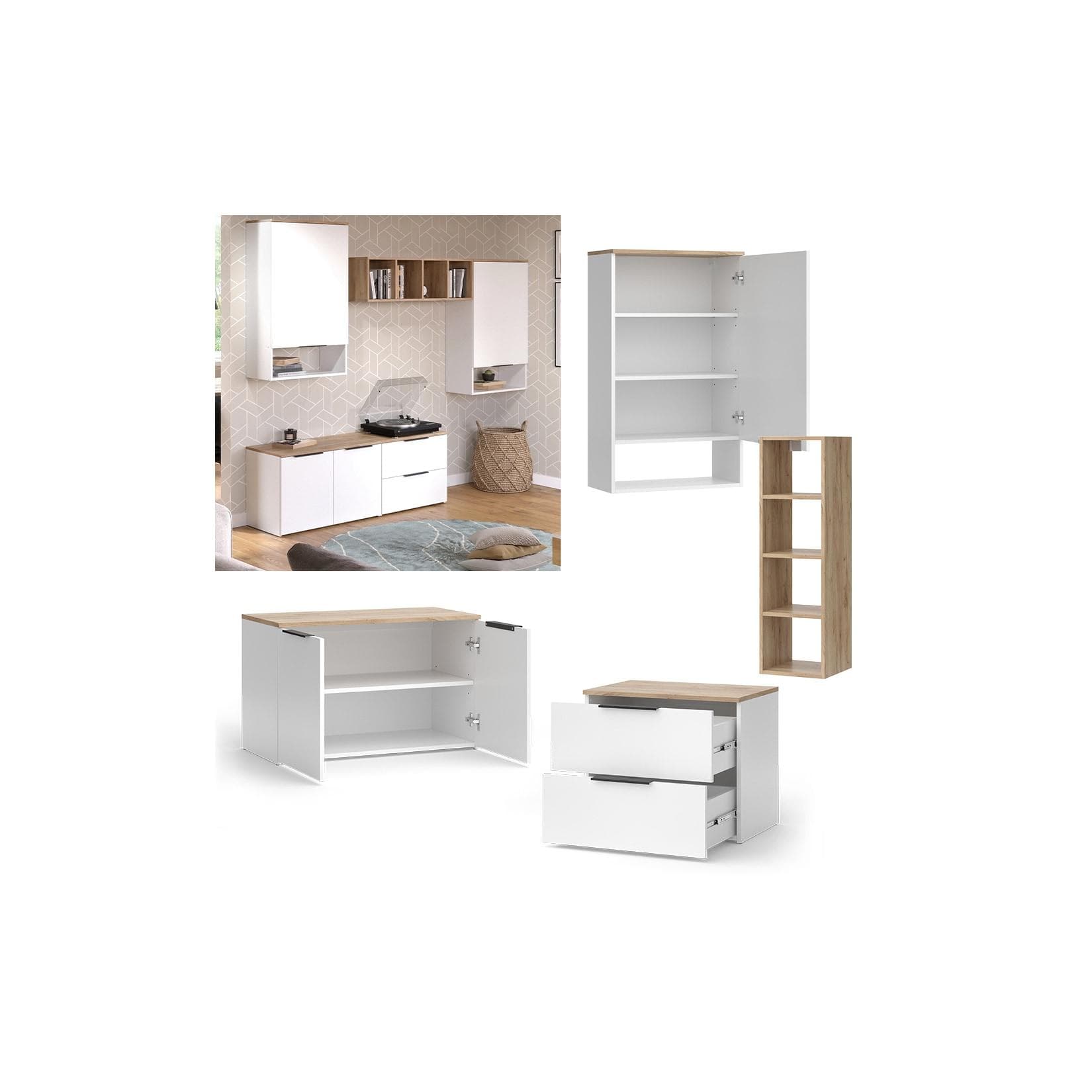 Vicco Wohnwand Wido 5-teilig Weiß Eiche TV-Schrank-Set