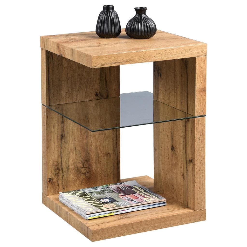 Beistelltisch aus Wildeiche mit Glasplatte