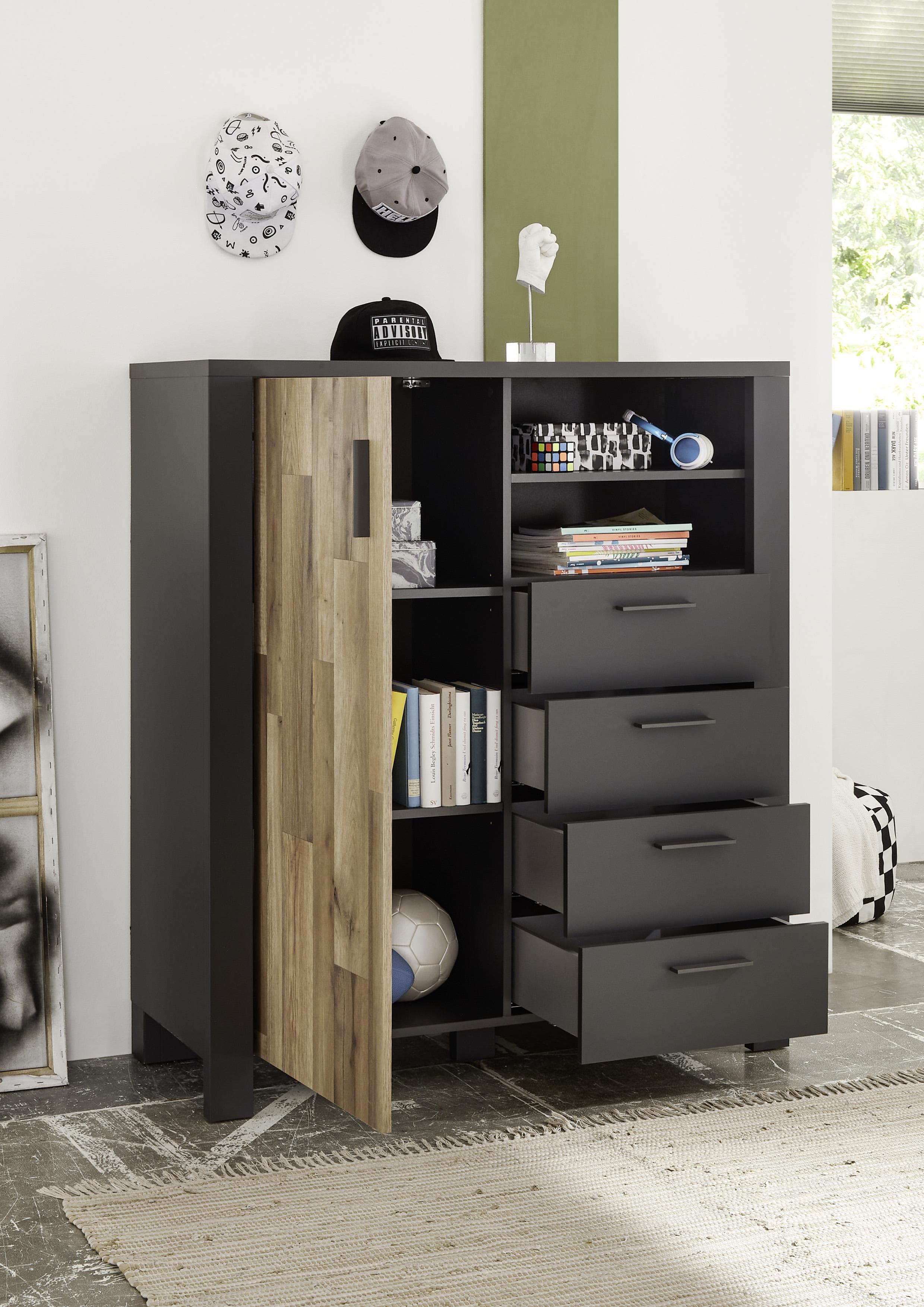 BEGABINO Dallas Hochkommode Sideboard mit Schubkästen Graphit Montana Oak