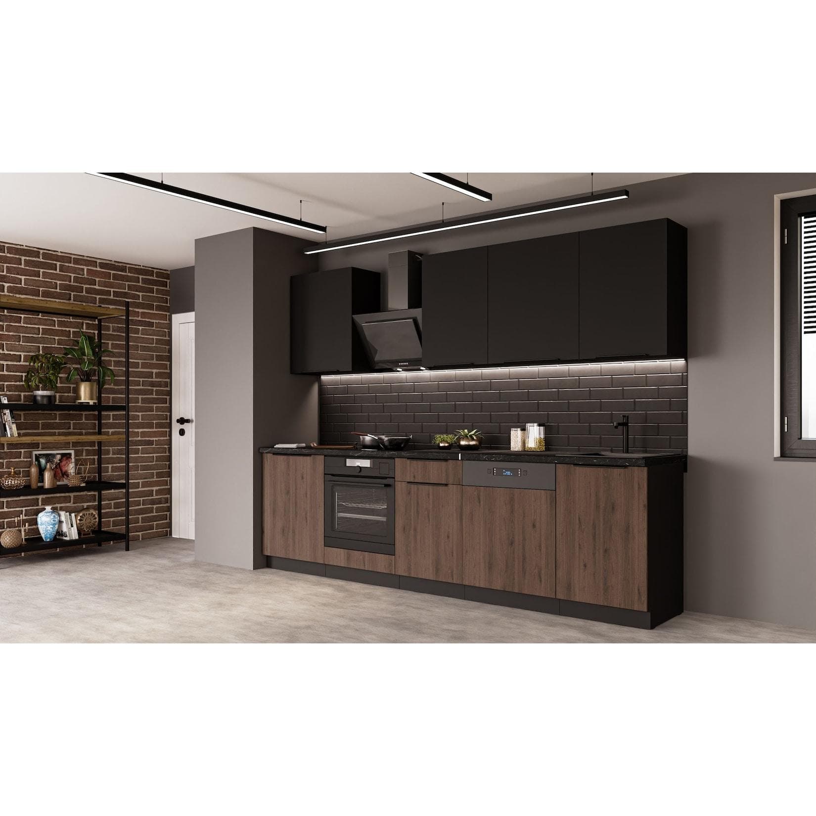 Küche MONZA SIENA BASIC 280 cm Küchenzeile Nussbaum Schwarz