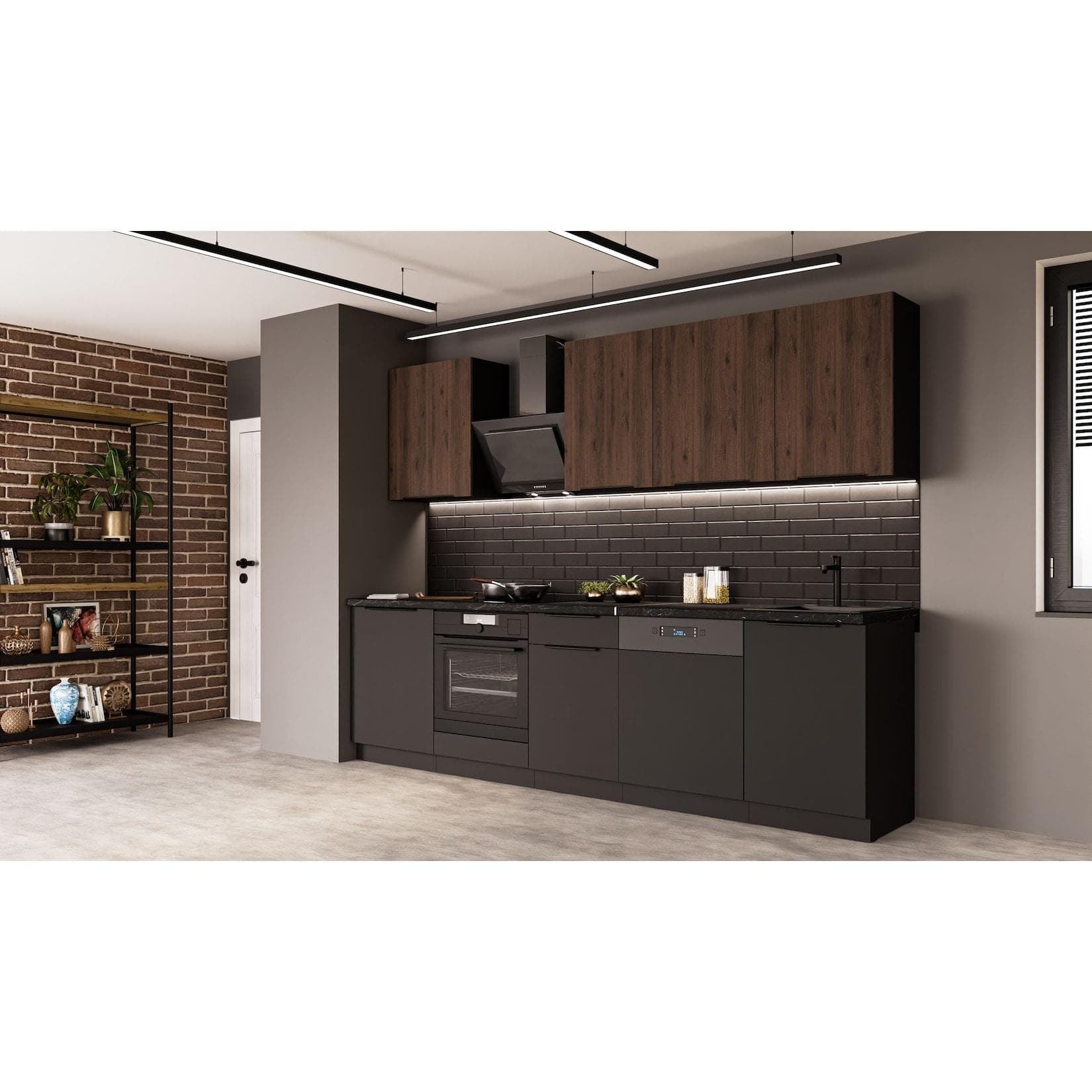 Küchen-Preisbombe Küche SIENA + MONZA BASIC 280 cm Nussbaum/Schwarz Matt