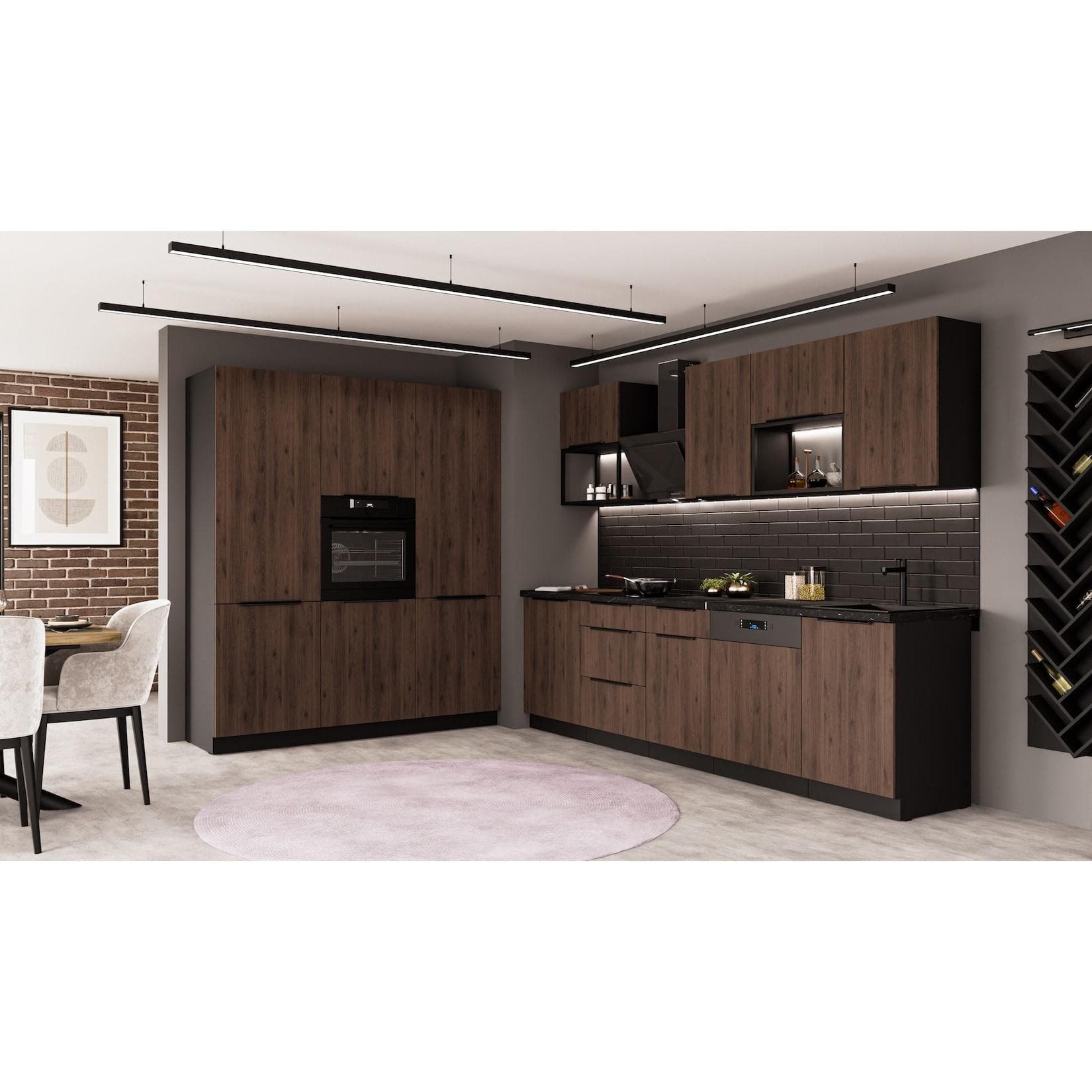 Küche MONZA LOFT 280 + 180 cm Küchenzeile Küchenblock Nussbaum Okapi Schwarz