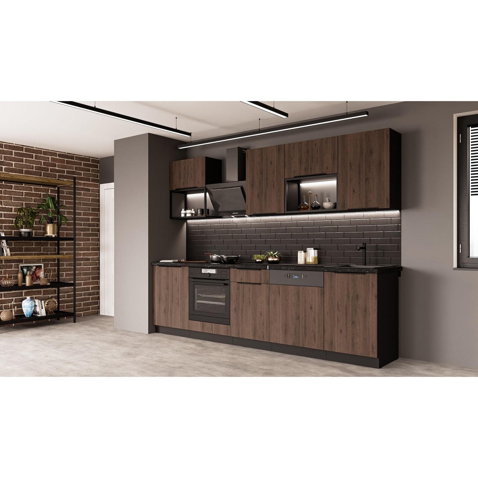 Küche MONZA BASIC LOFT 280 Küchenzeile Nussbaum Schwarz