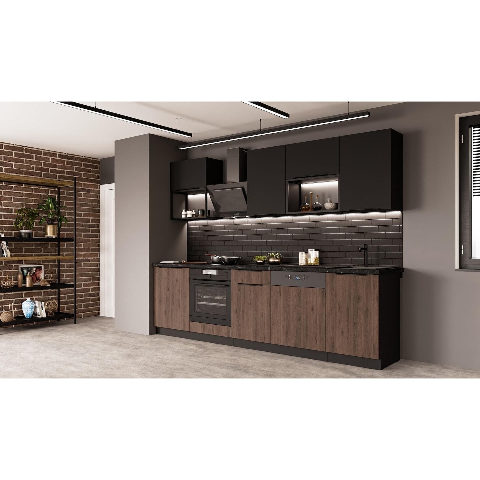 Küche MONZA + SIENA BASIC LOFT 280 Nussbaum Schwarz matt