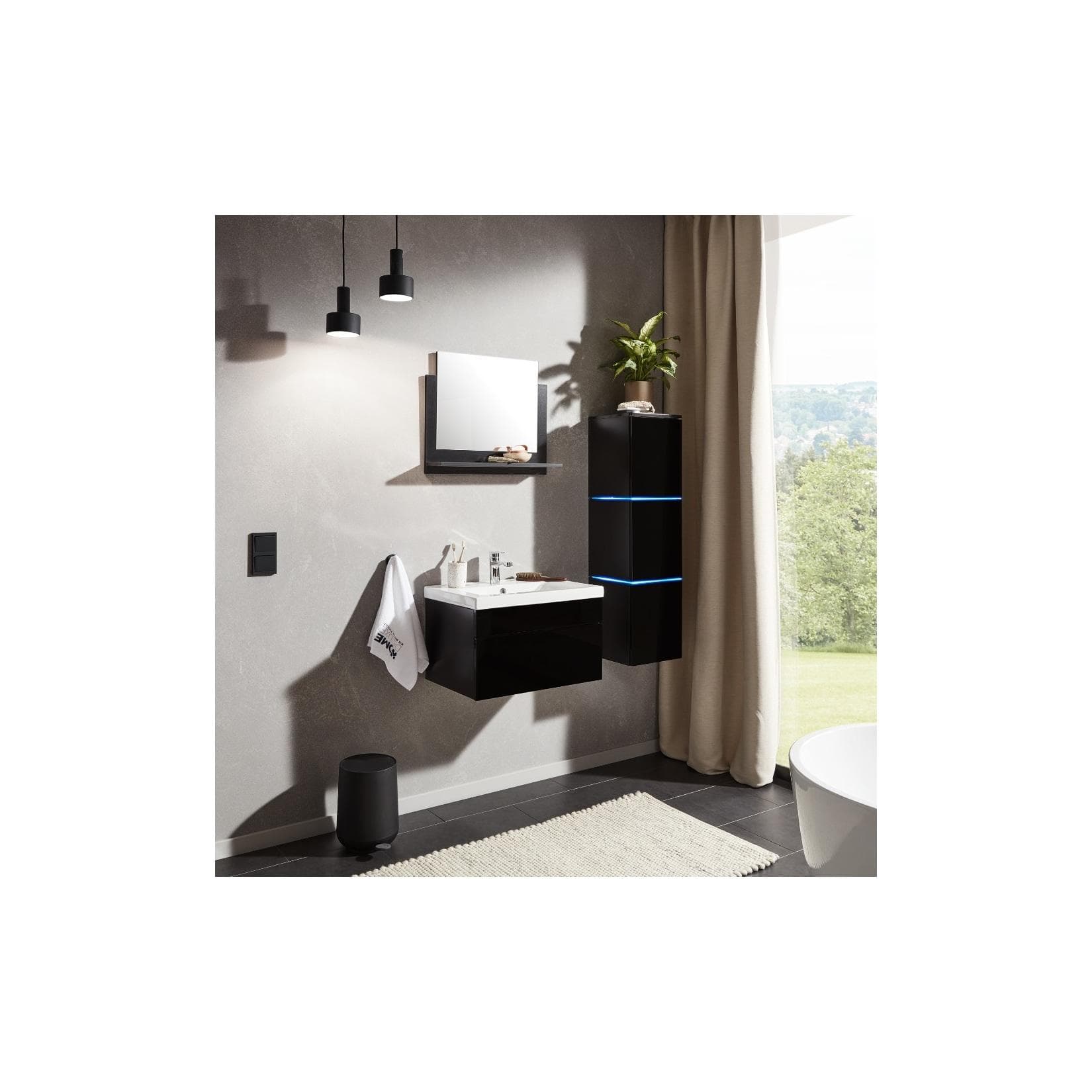 HOME DELUXE Wangerooge Badmöbel-Set Schwarz mit Spiegel und Hängeschrank