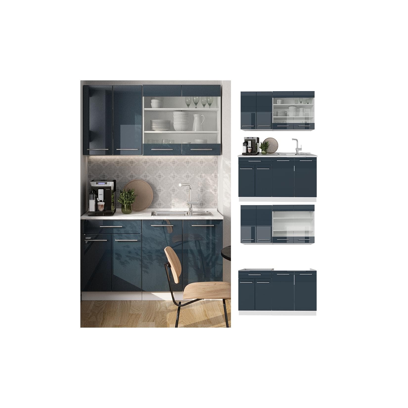Vicco Küchenzeile Fame-Line Weiß Dunkelblau Hochglanz 140 cm