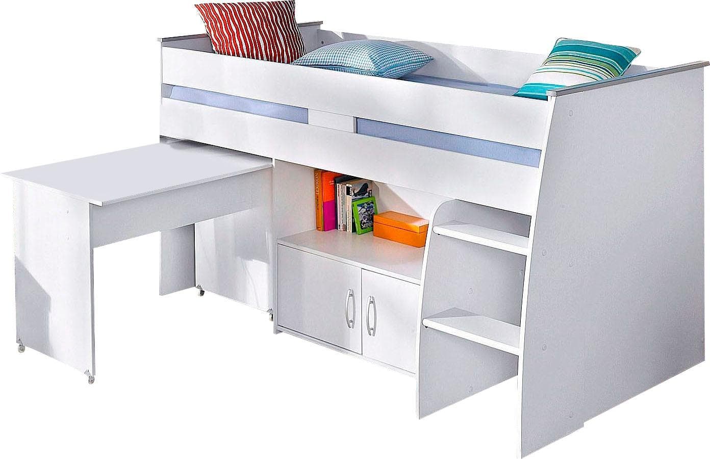 Parisot Hochbett Reverse Weiß mit ausziehbarer Schreibtisch und Kommode