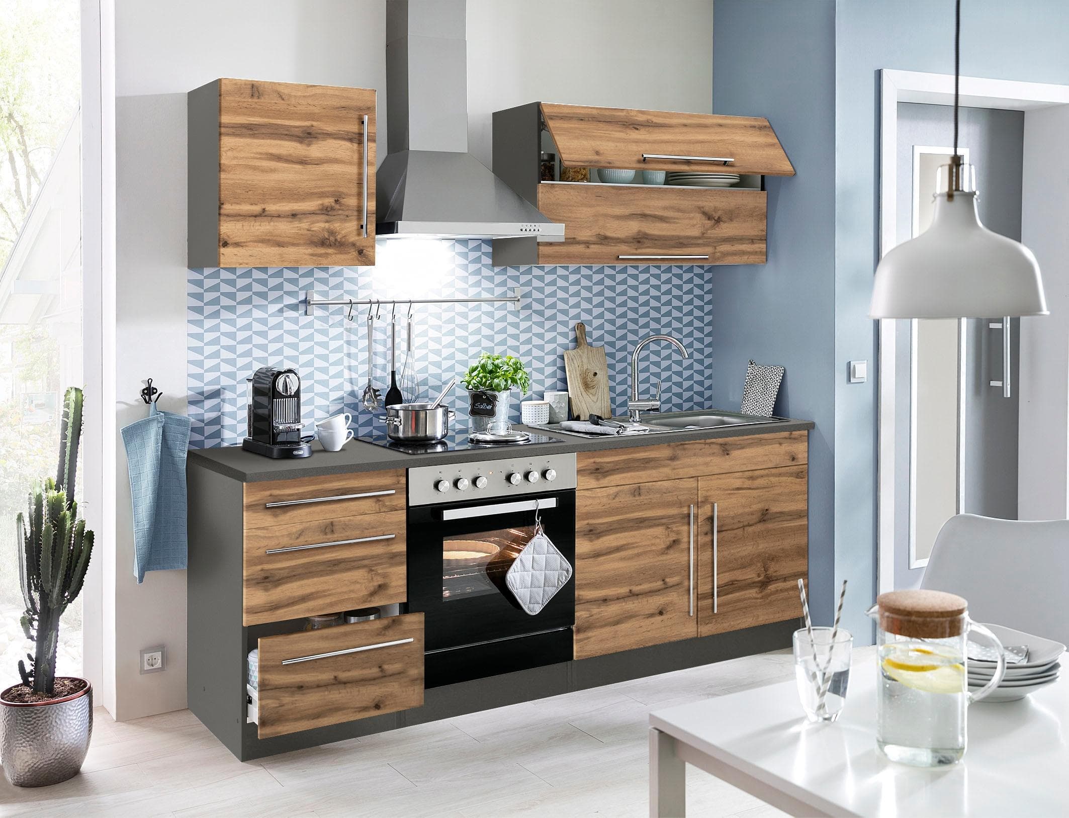 Kochstation KS-Samos Spülenschrank 100cm Braun/Grau mit Spüle