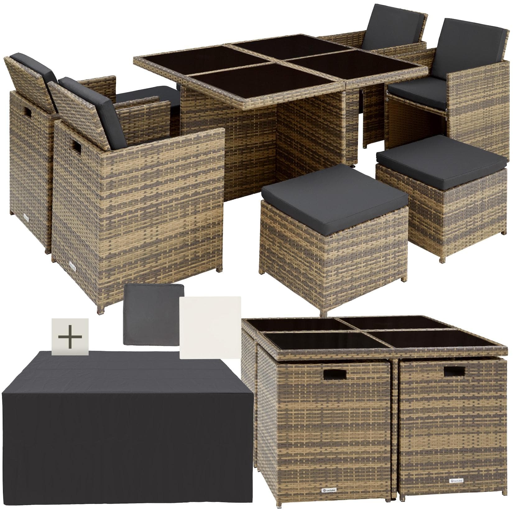 TecTake Rattan Sitzgruppe mit Aluminiumgestell, wetterfest und UV-beständig, 2 Bezugssets, zusammenschiebbar, inklusive Schutzhülle
