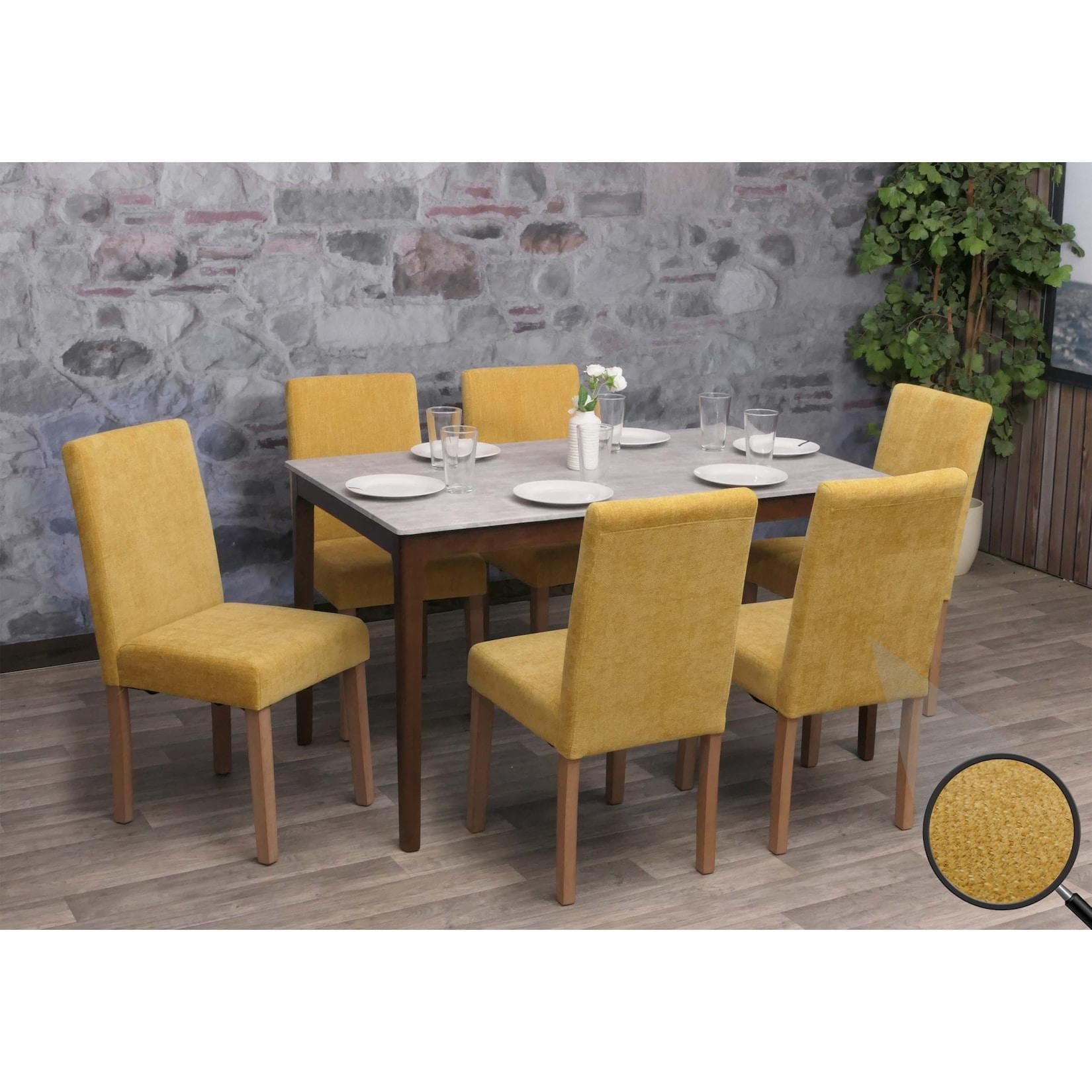 MCW 6er-Set Esszimmerstuhl Littau Gelb Stoff Chenille Holz Hochlehner