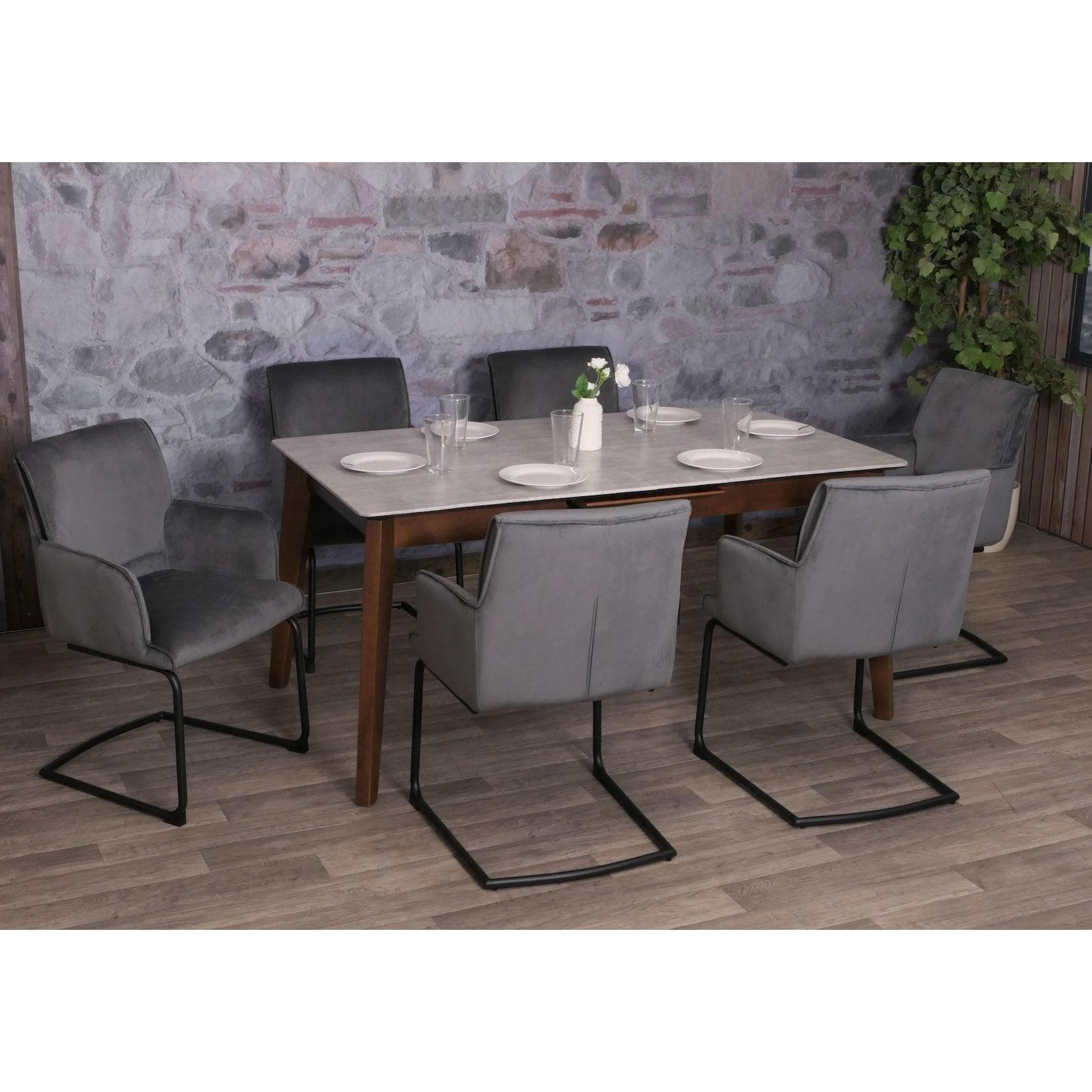 6er-Set Freischwinger MCW-N60 Esszimmerstuhl mit Armlehnen Stoff Dunkelgrau