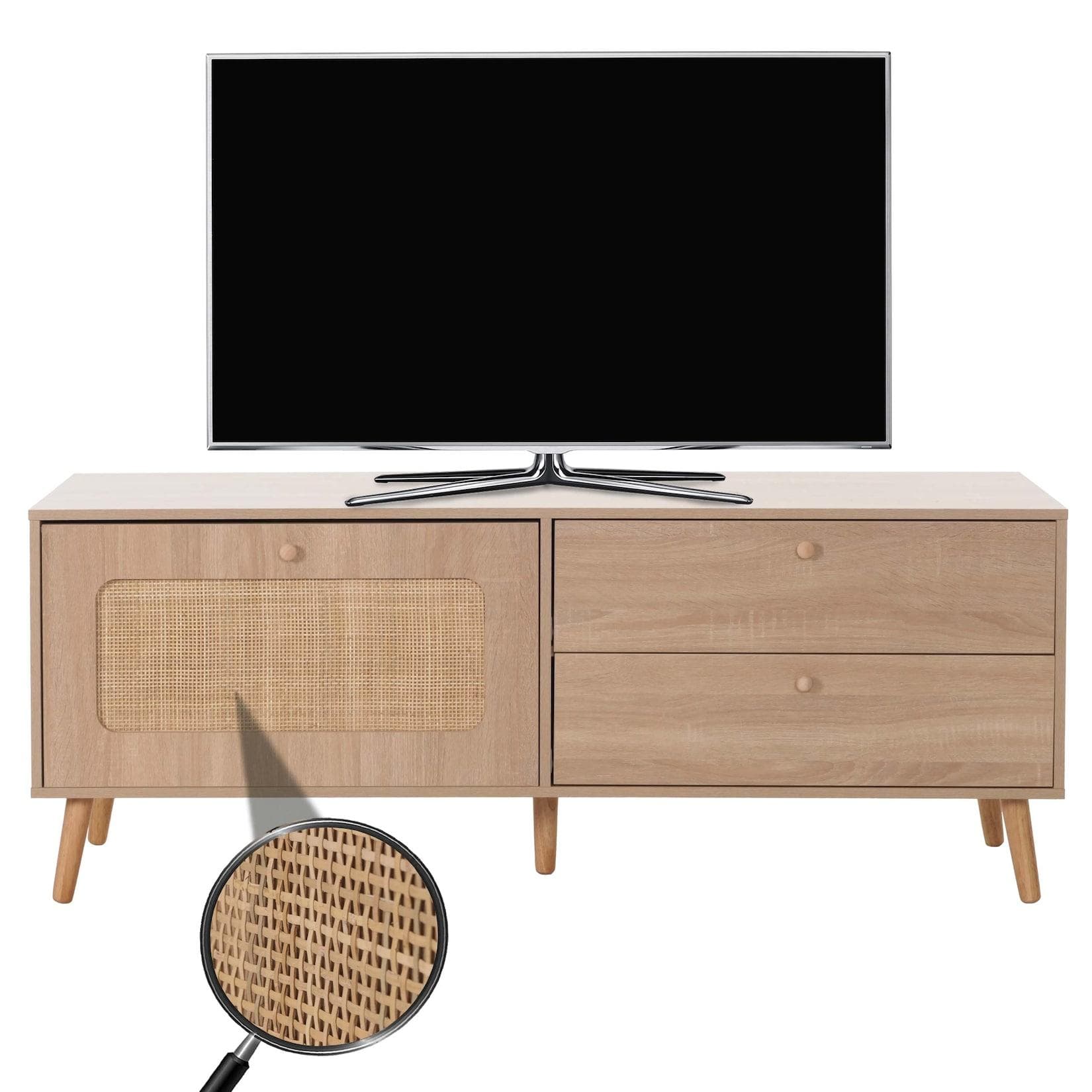 MCW TV-Rack Lowboard Eiche-Optik mit Kubu Rattan Türe