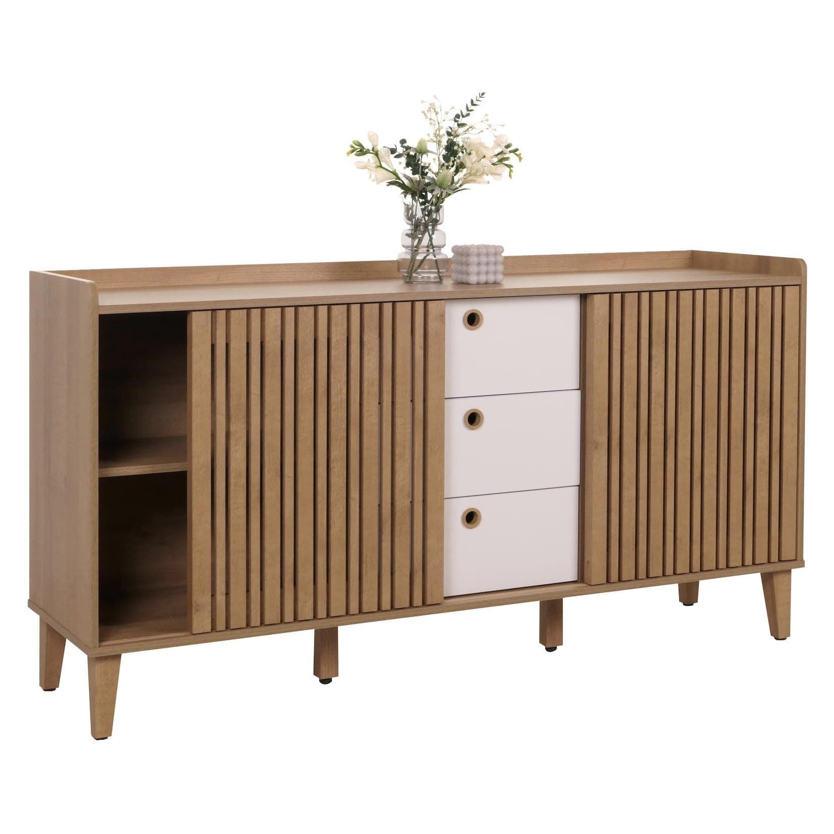 MCW Sideboard MCW-M48 Natur/Weiß mit Schiebetür und Schubladen