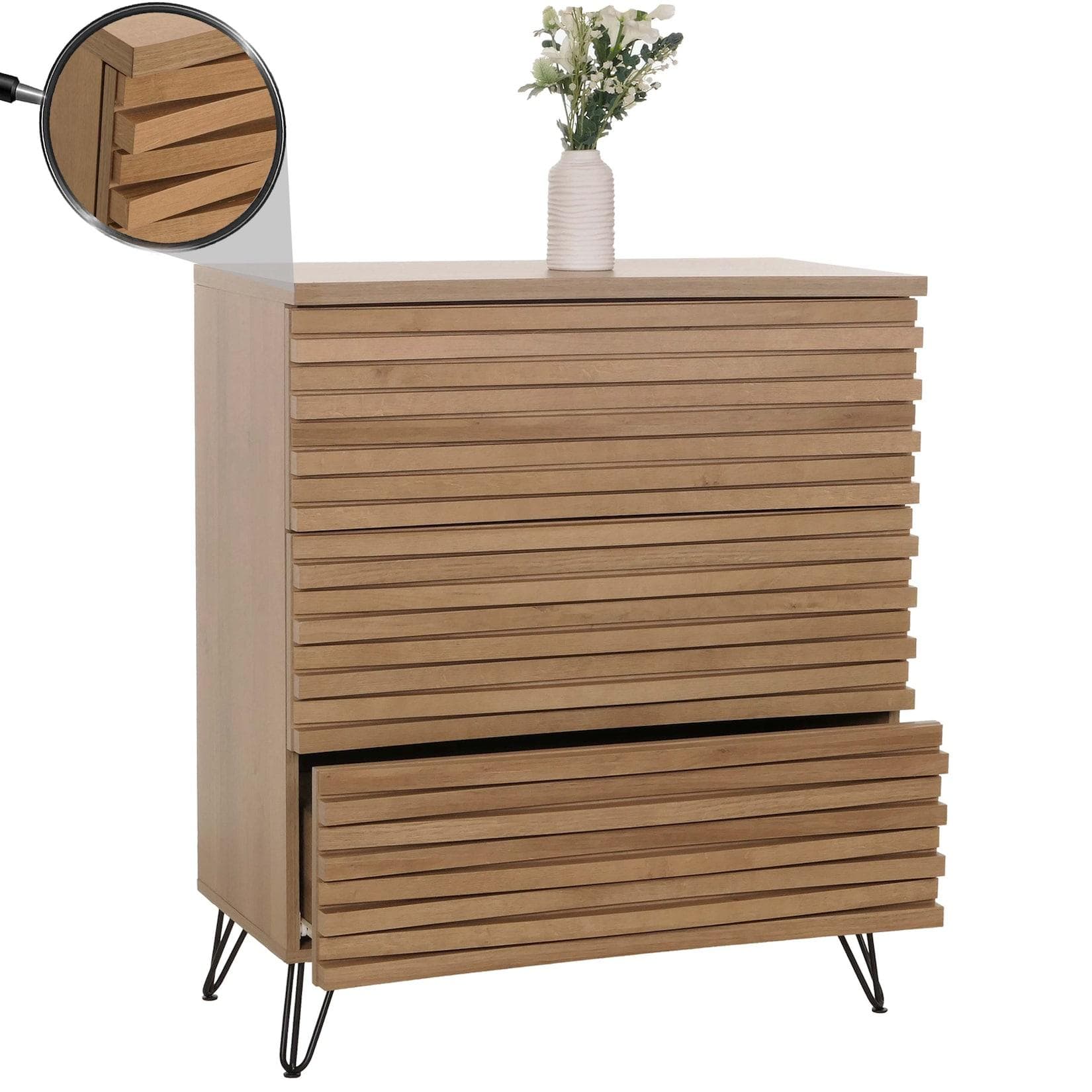 MCW Kommode MCW-M49 Sideboard 3 Schubladen 3D-Design Natur