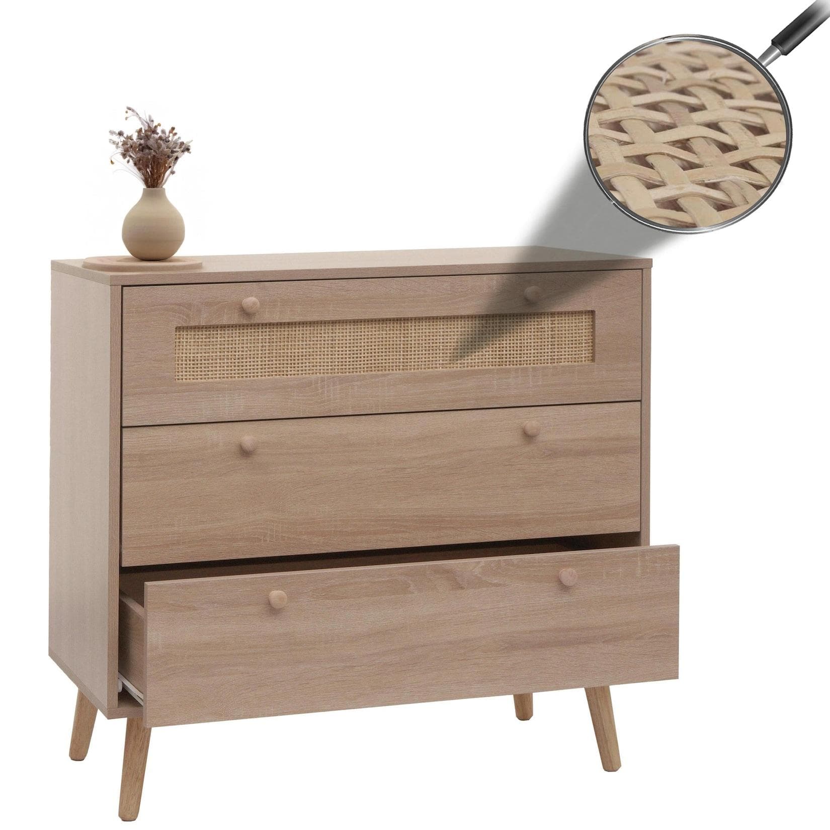 MCW Schubladenkommode Kubu Rattan Eiche-Optik Sideboard