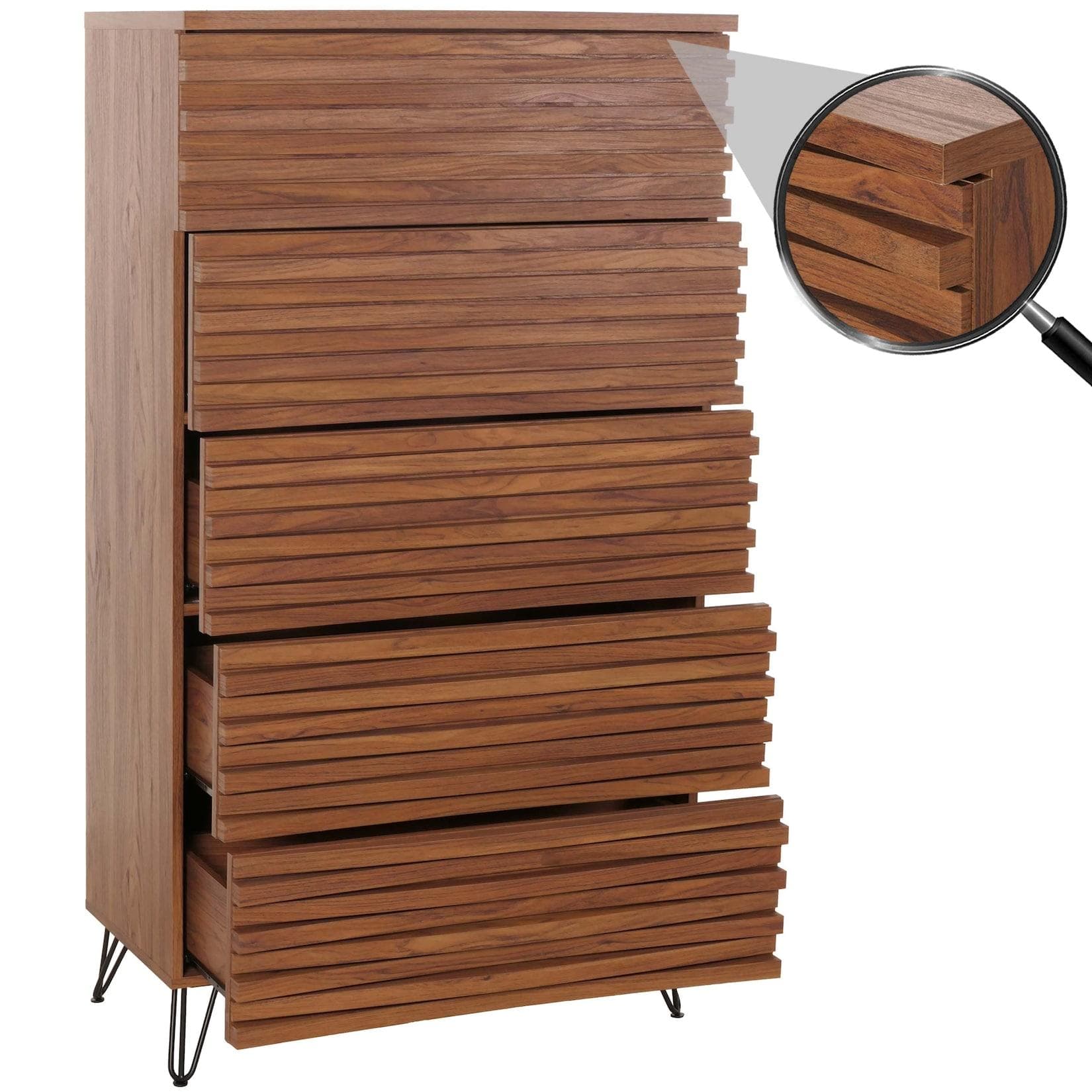 MCW Kommode MCW-M49 Highboard 5 Schubladen Walnuss-Optik 3D-Design