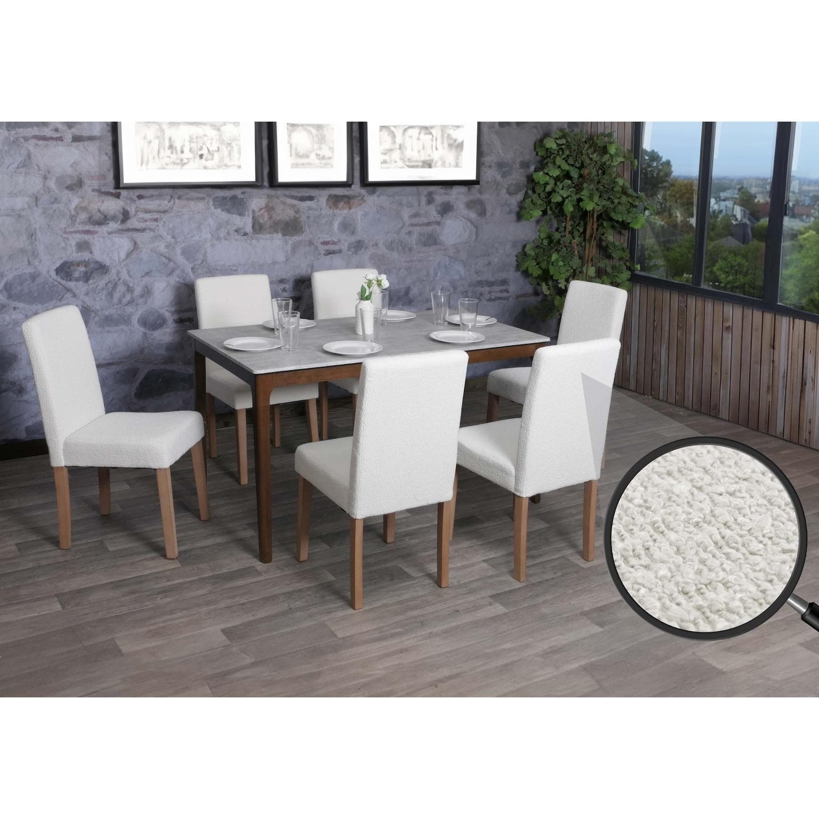 MCW 6er-Set Esszimmerstuhl Littau Creme Stoff Bouclé Holz Hochlehner
