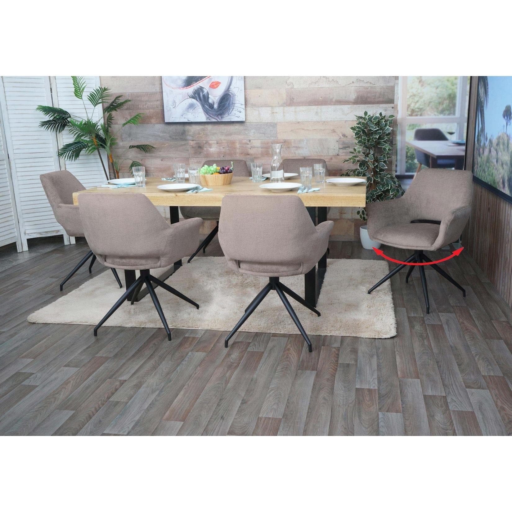 MCW 6er-Set Esszimmerstuhl mit Armlehne Taupe Metall Stoff