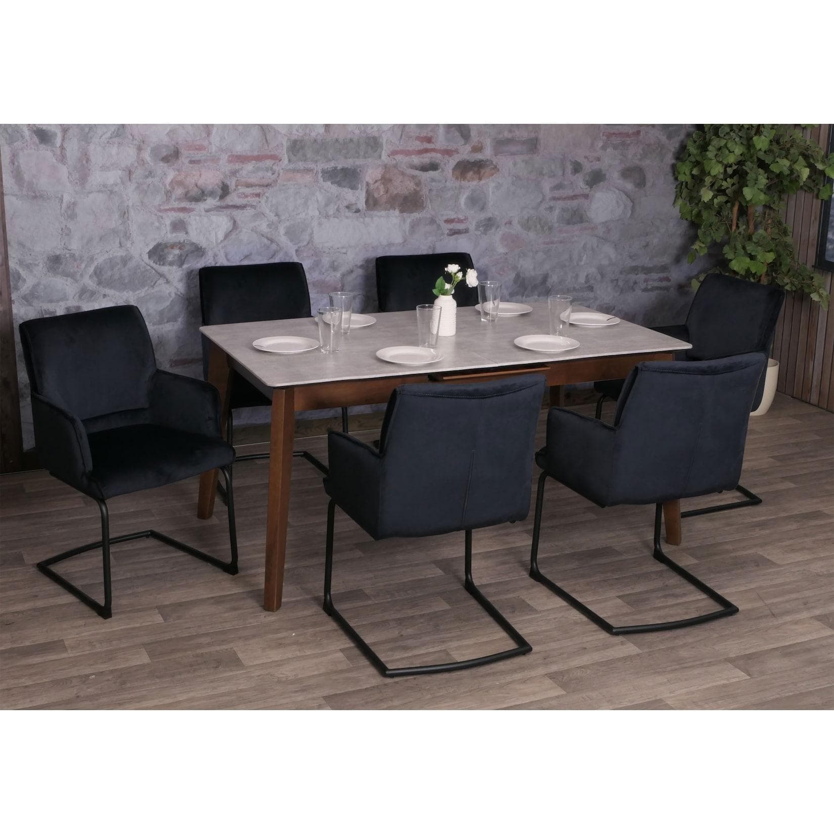 MCW 6er-Set Freischwinger Stuhl mit Armlehnen Anthrazit-Blau Stoff