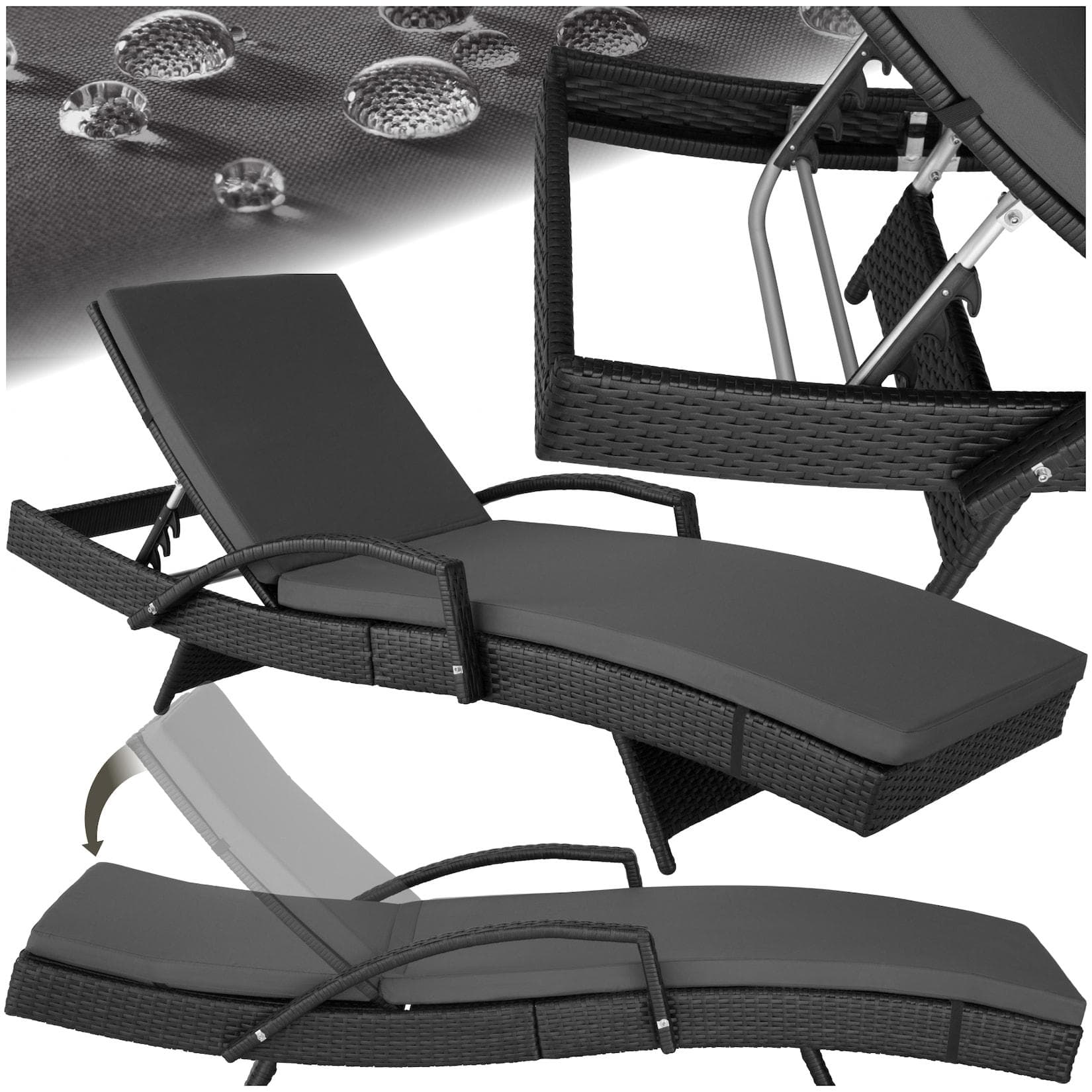 tectake Gartenliege Océane Schwarz 5-fach verstellbar Aluminium Polyrattan