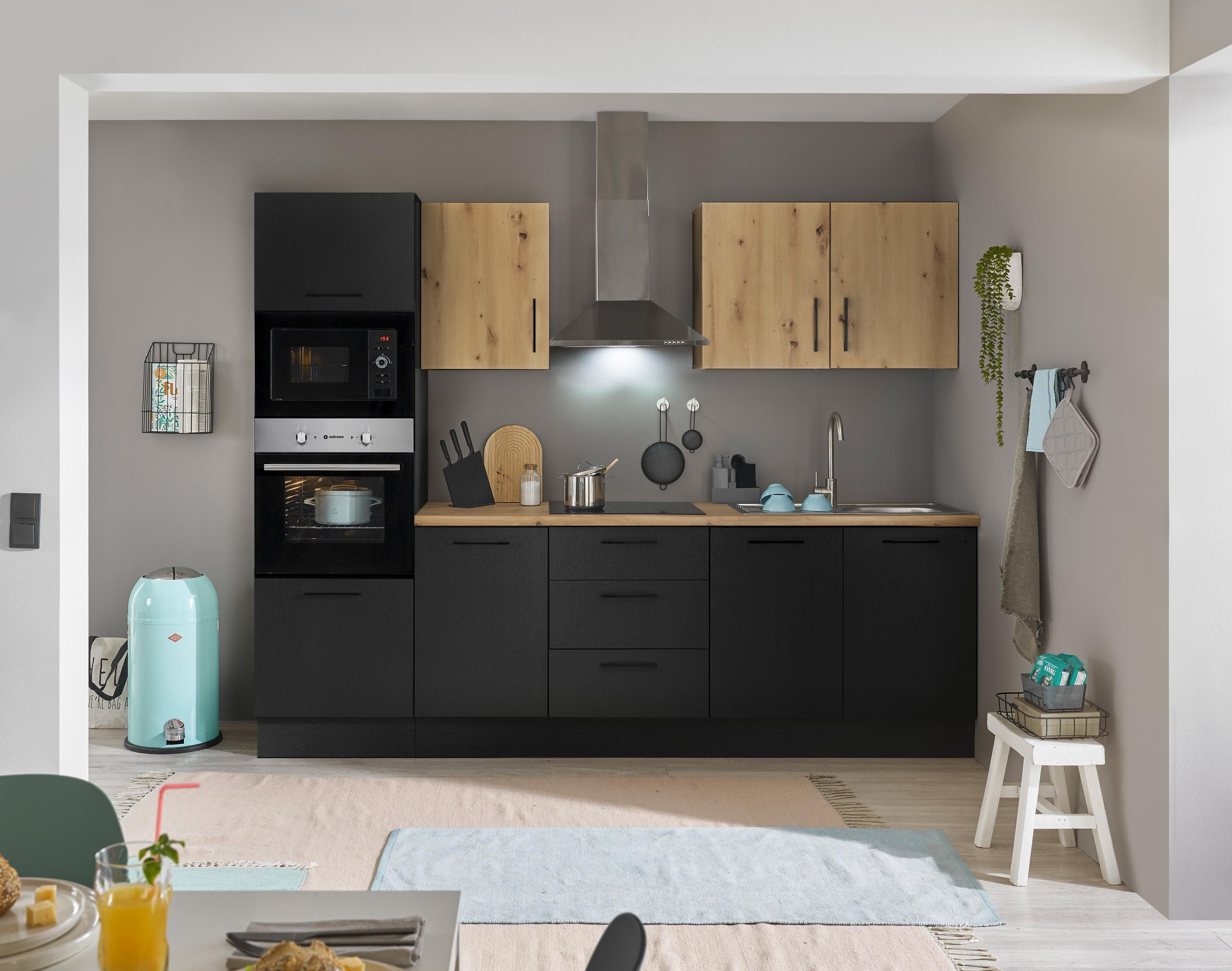 Küchenzeile Basic by Balculina Turin Schwarz mit Elektrogeräten