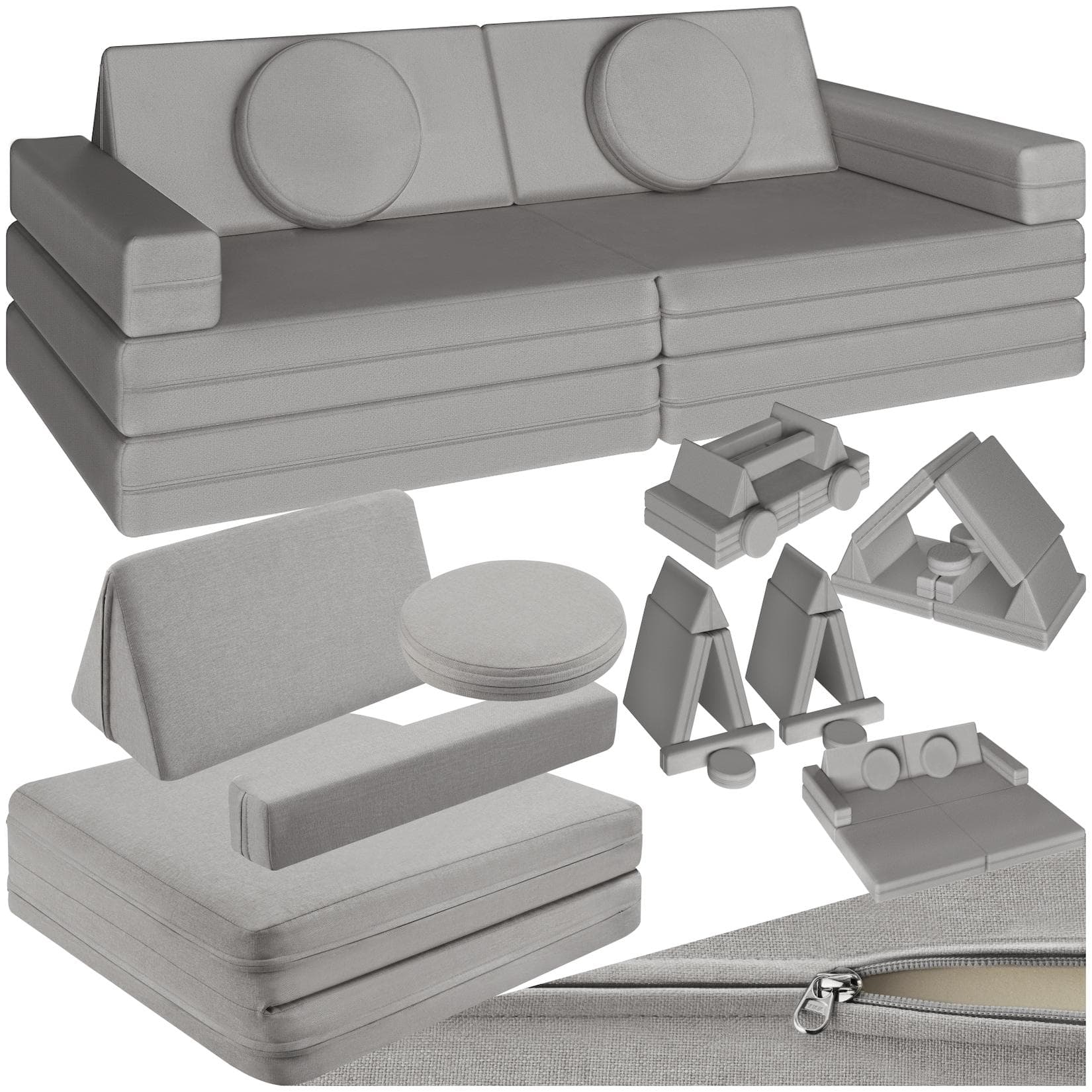 tectake Kindersofa Spielsofa Lilly 8-teilig Grau Leinenbezug