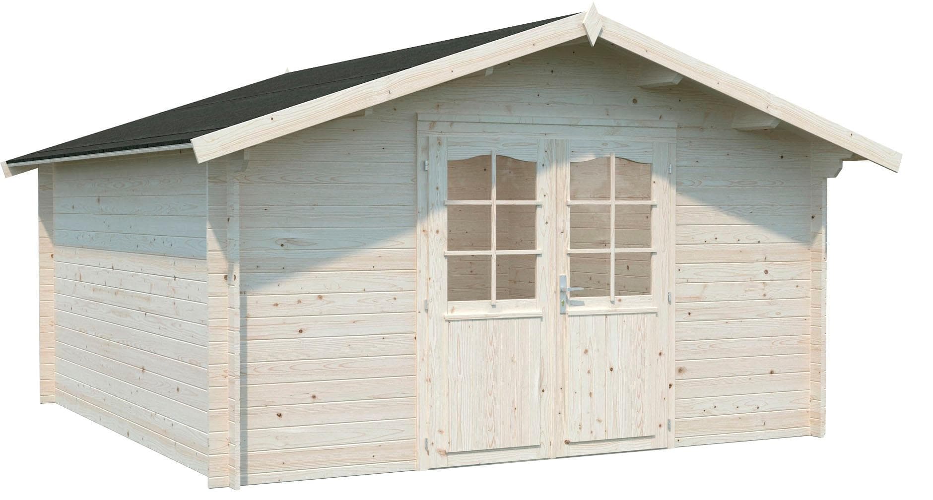 Gartenhaus aus Massivholz Fichte mit Satteldach und Doppelflügeltür
