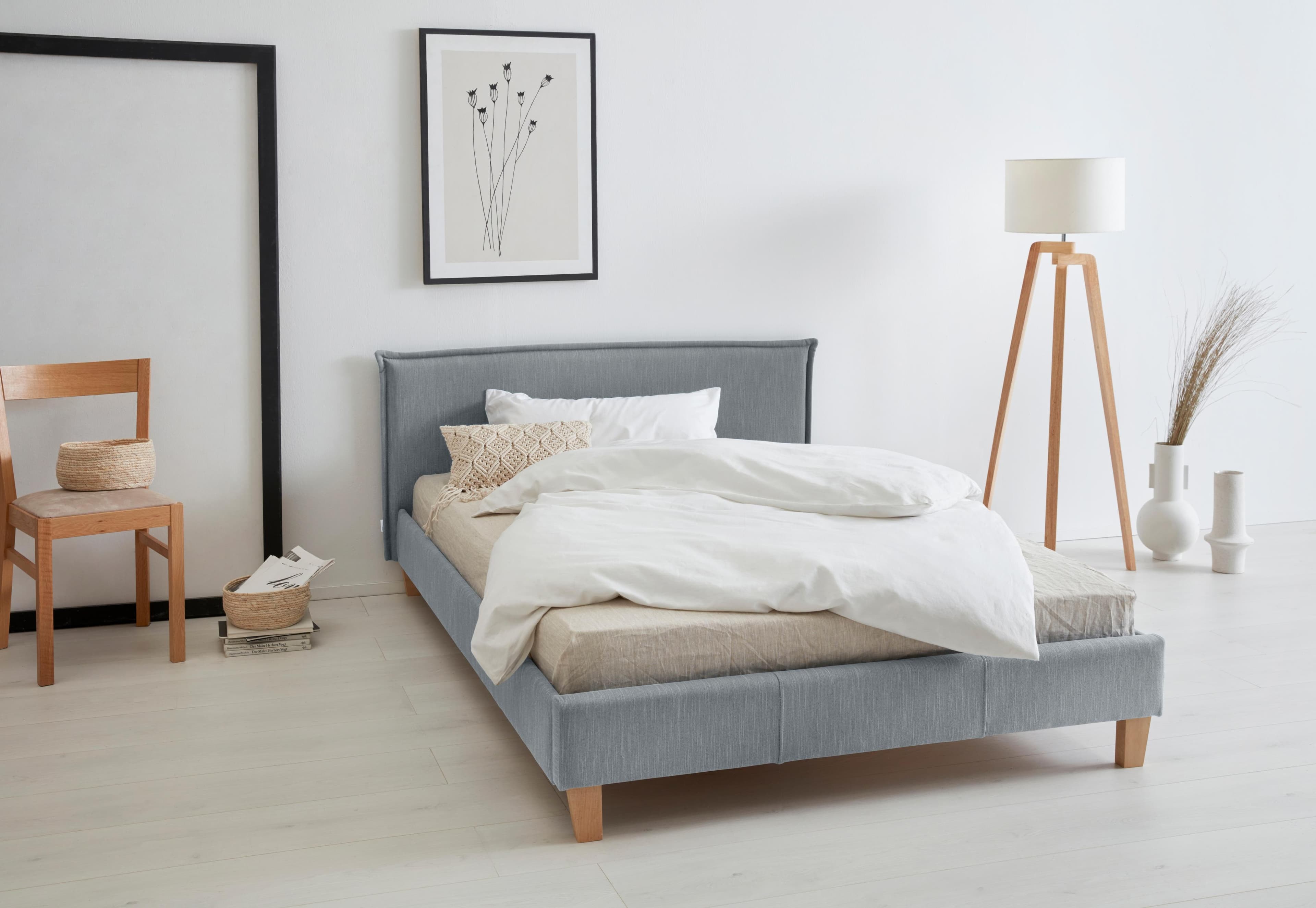 OTTO products Polsterbett Heddi Grau Blau Strukturstoff
