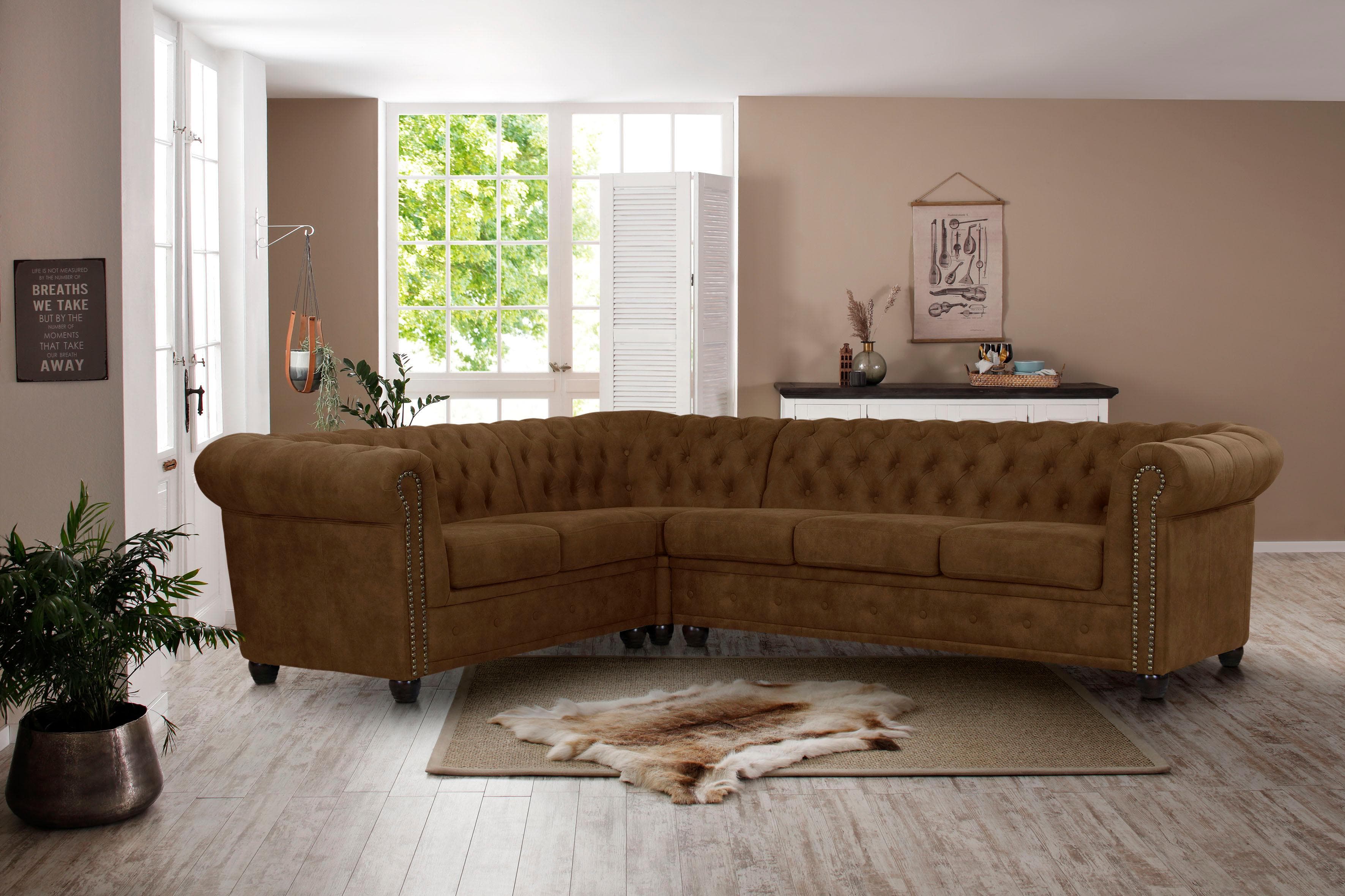 HOME AFFAIRE Chesterfield-Sofa L-Form Cognac Microfaser Lederoptik
