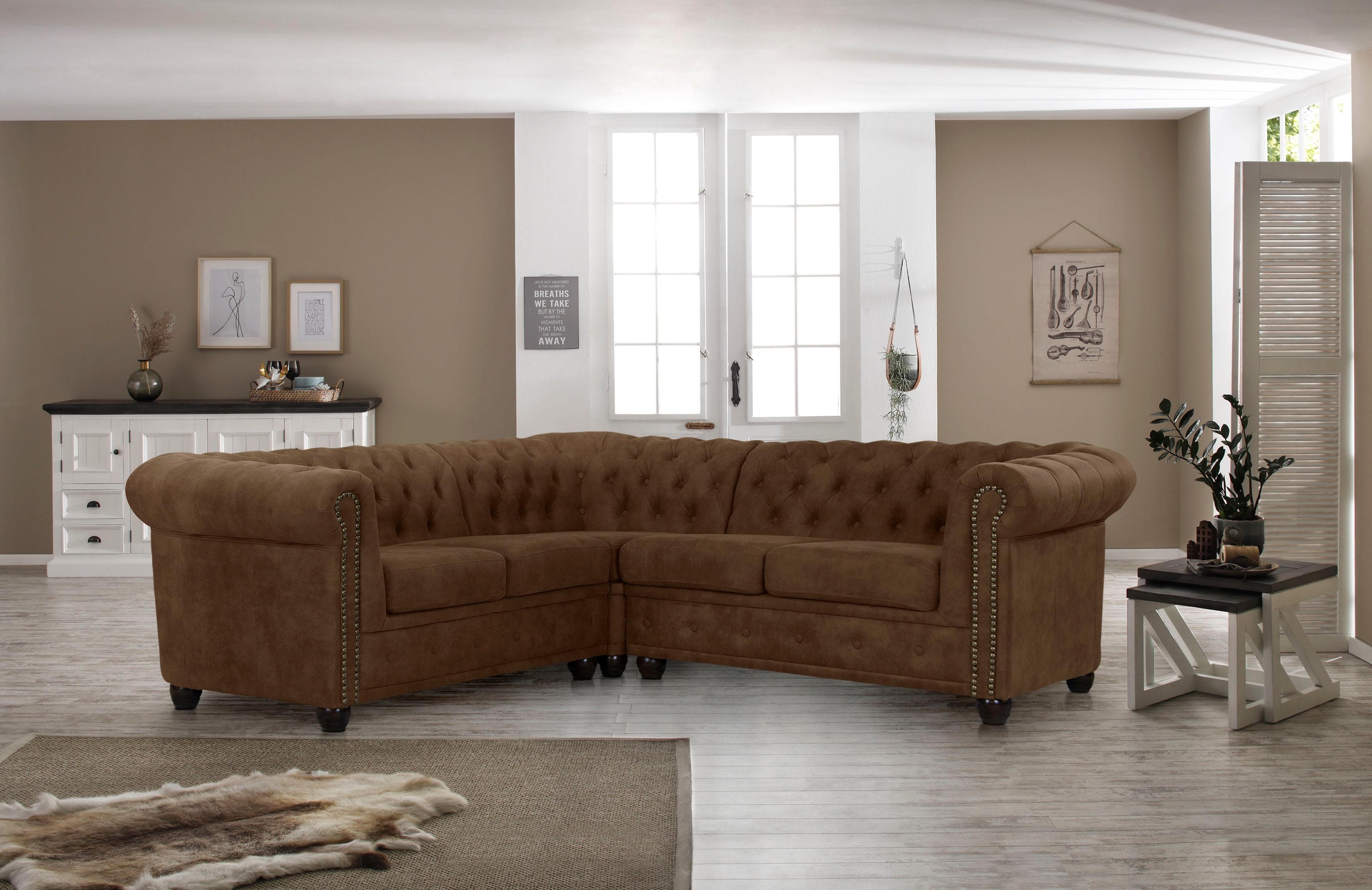 HOME AFFAIRE Chesterfield-Sofa L-Form Cognac Microfaser Lederoptik