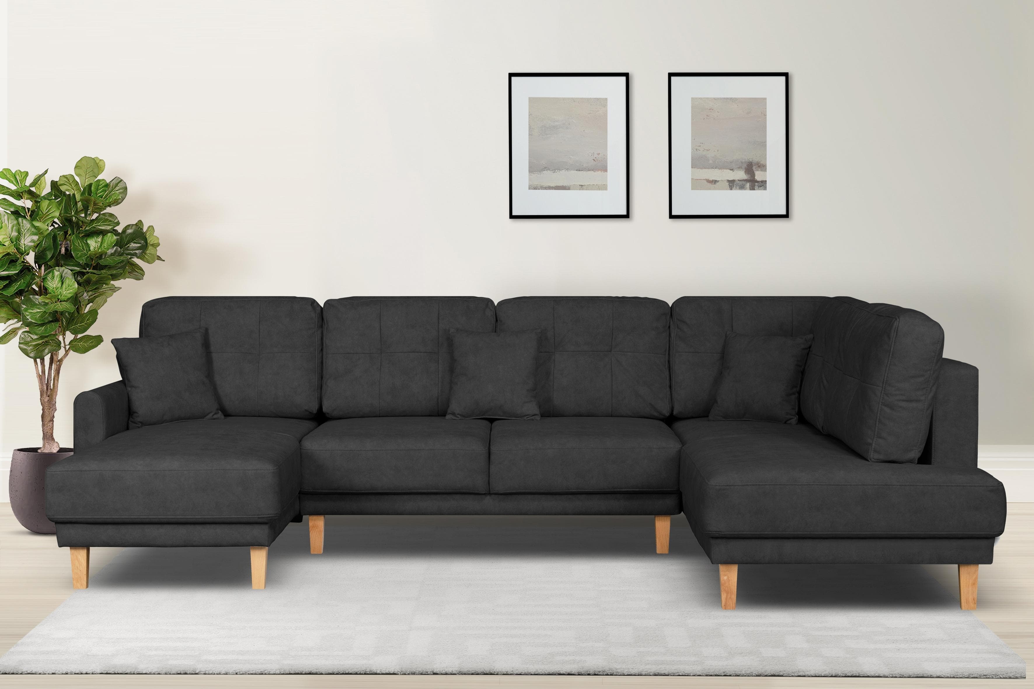 HOME AFFAIRE TRIPLO Wohnlandschaft U-Form Schwarz mit Schlaffunktion